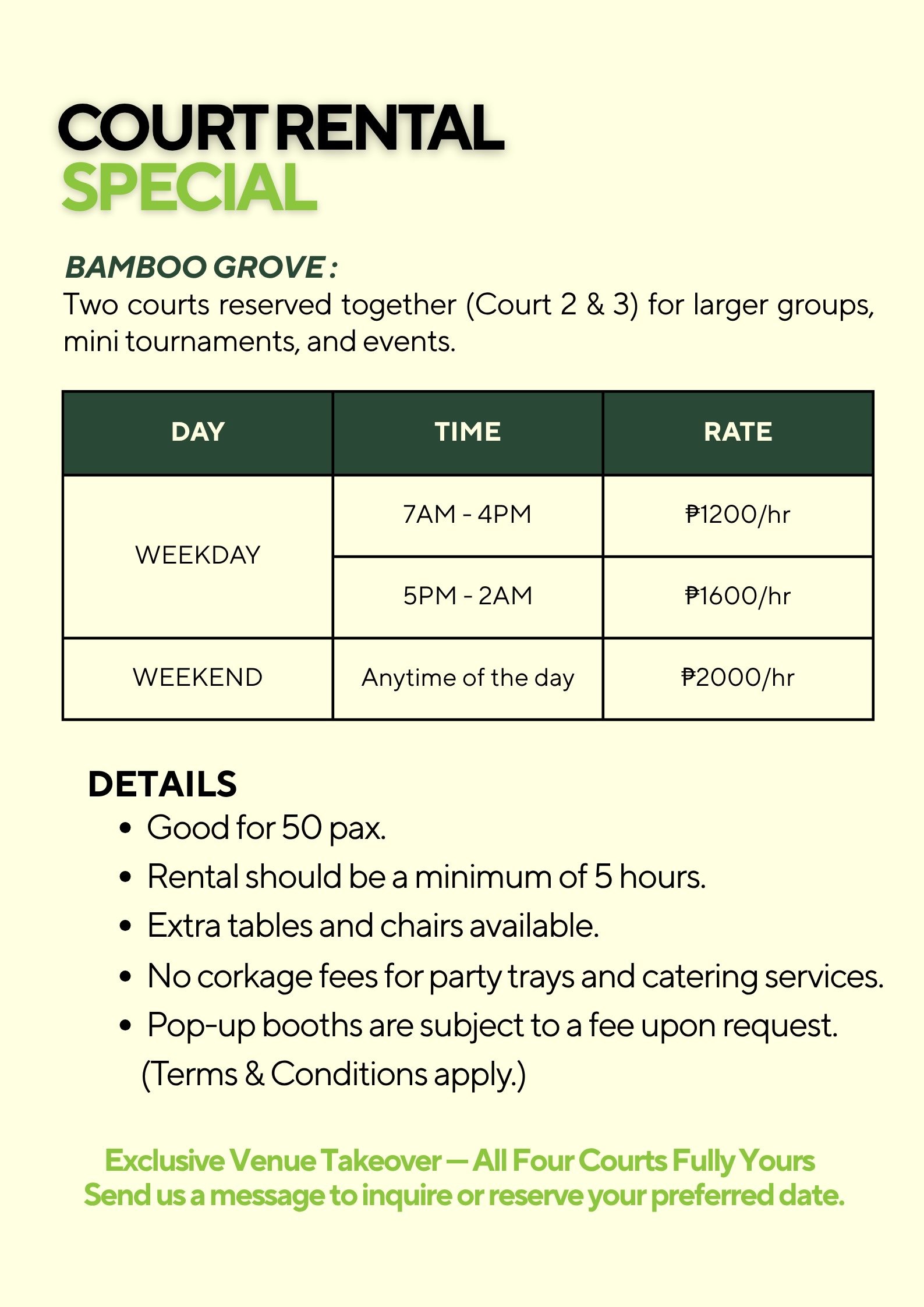 Rentals & Rates — Bamboo Grove (Special Option 02)