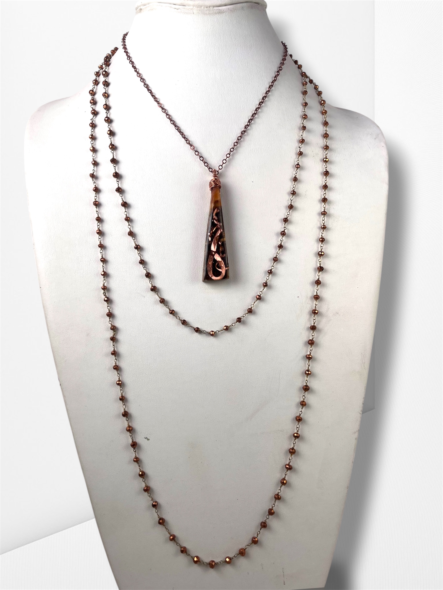 Ember Codex — sustainable handmade long layered necklace in Reclaimed Copper and Bio-Resin by Lux N Leaf