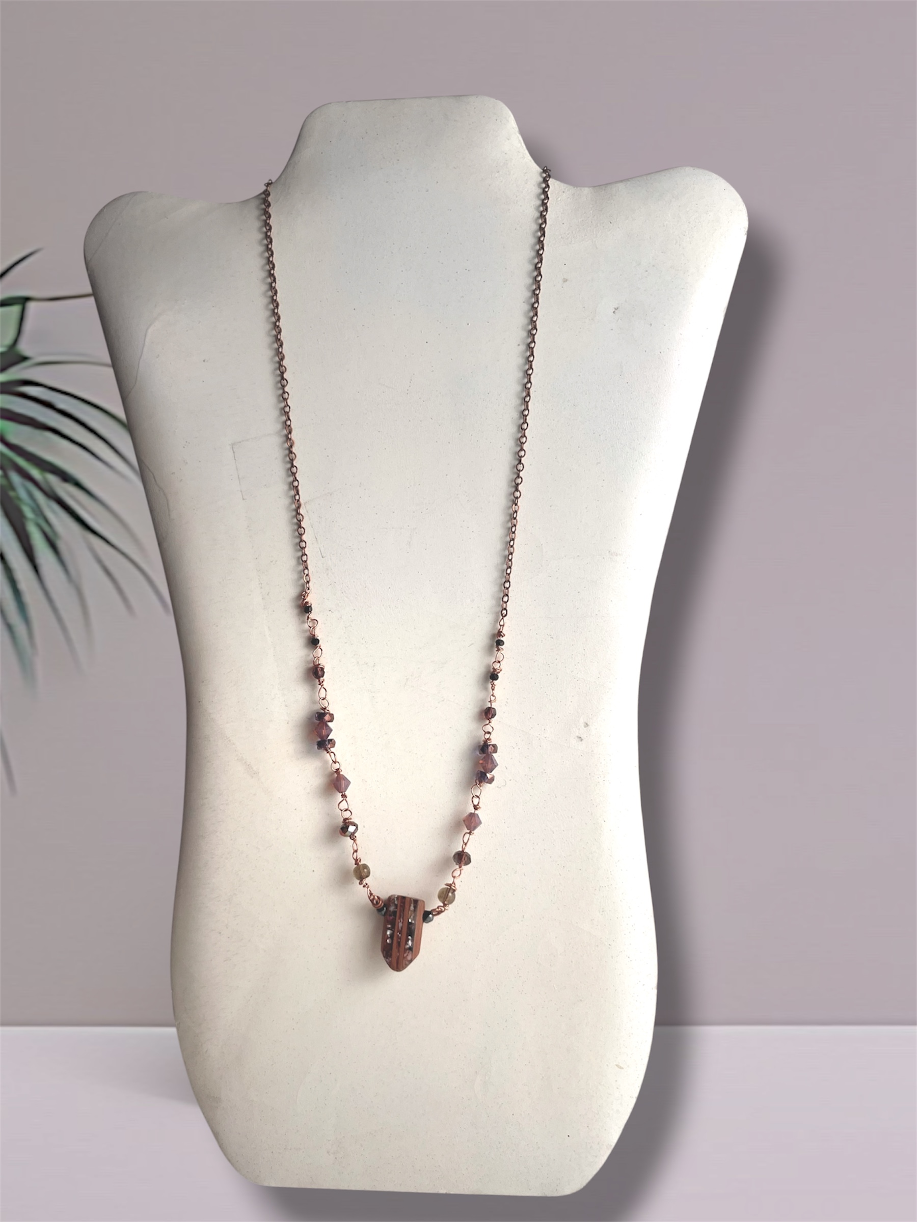 Quiet Carrier — sustainable handmade long pendant necklace in Reclaimed Copper and Salvaged Wood by Lux N Leaf