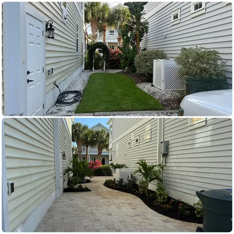 Side-yard transformation — turf to paver pathway with tropical landscaping