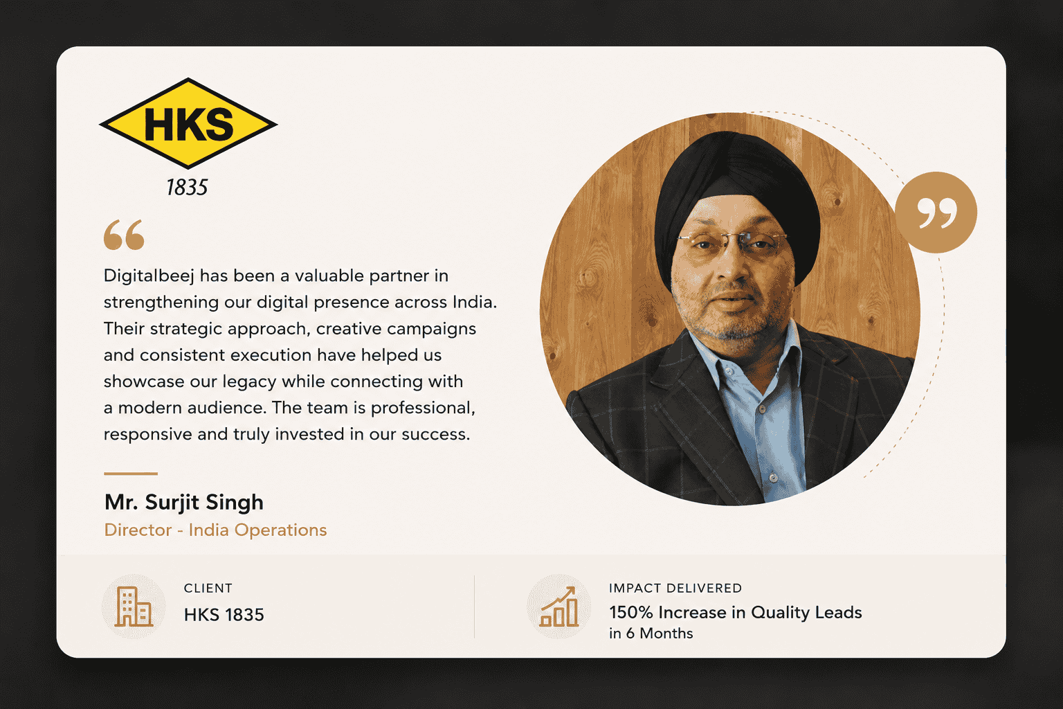 Testimonial from Mr. Surjit Singh, Director India Operations at HKS 1835 — 150% increase in quality leads in 6 months.