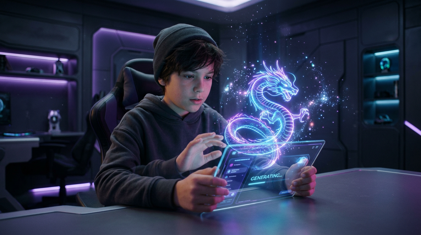 Kid creating a glowing neon dragon with AI on a tablet