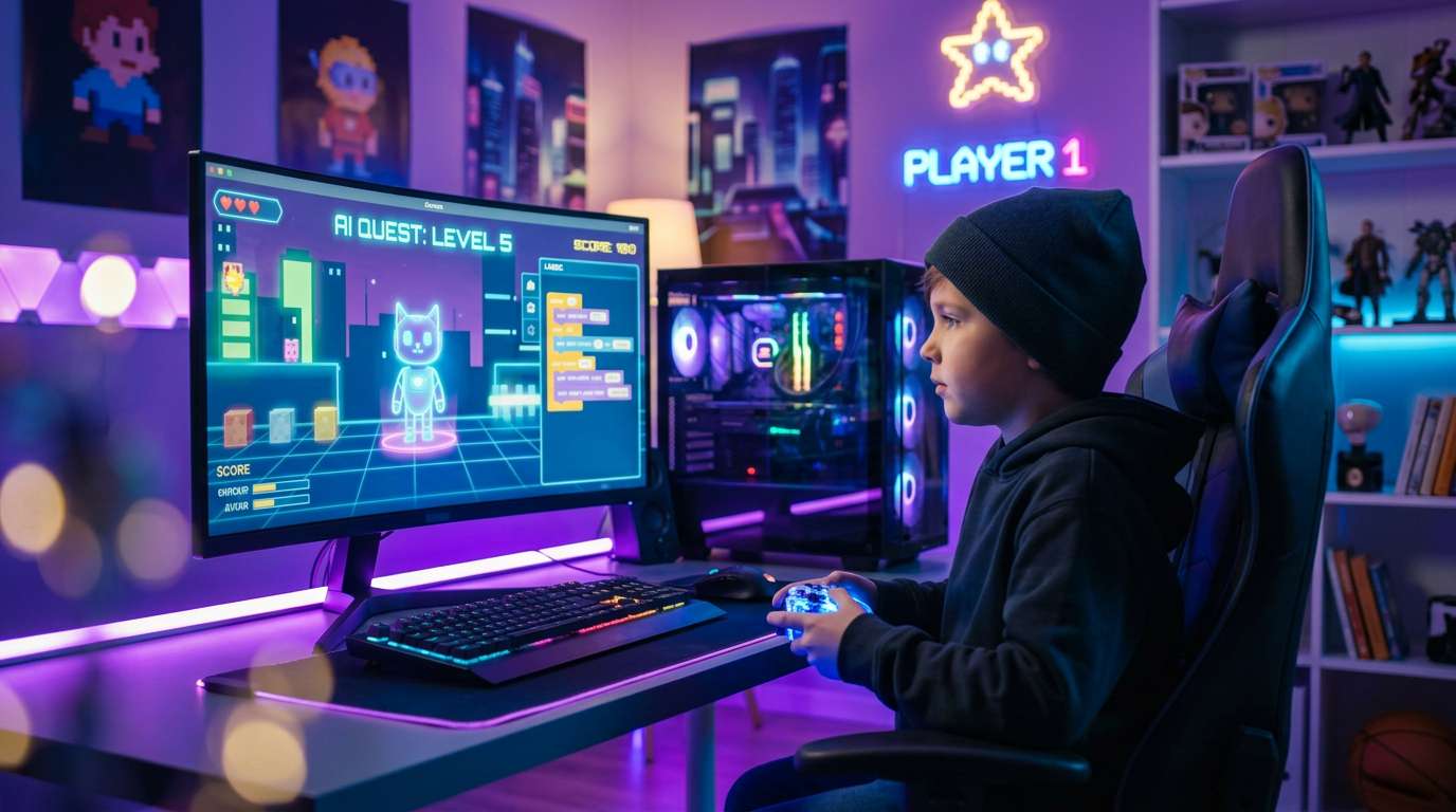 Kid playing a self-created AI game on neon-lit setup