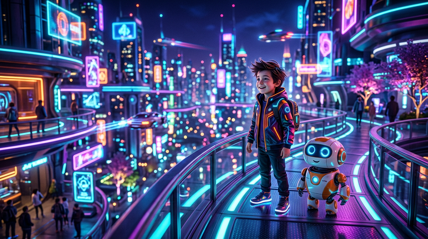 Cinematic neon city scene with a kid and robot