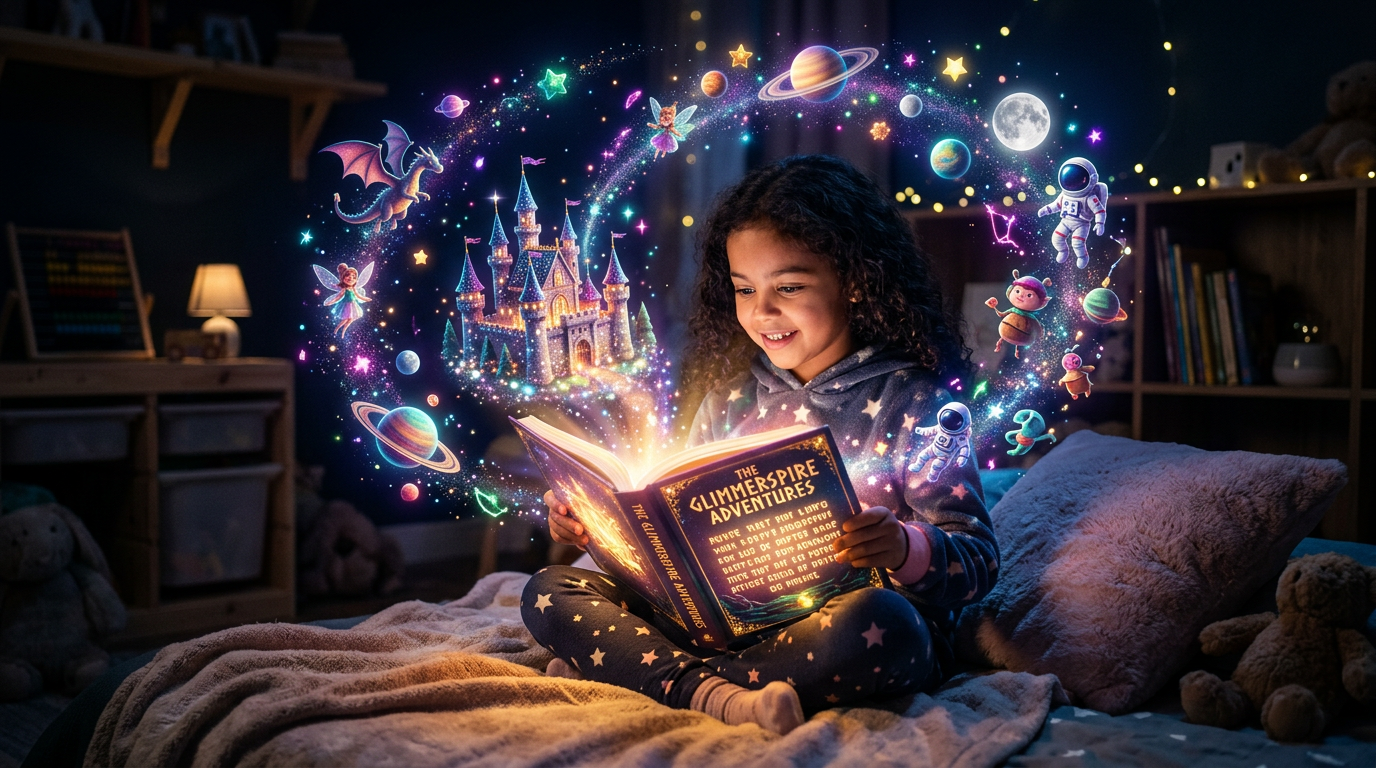 Child reading a magical glowing storybook