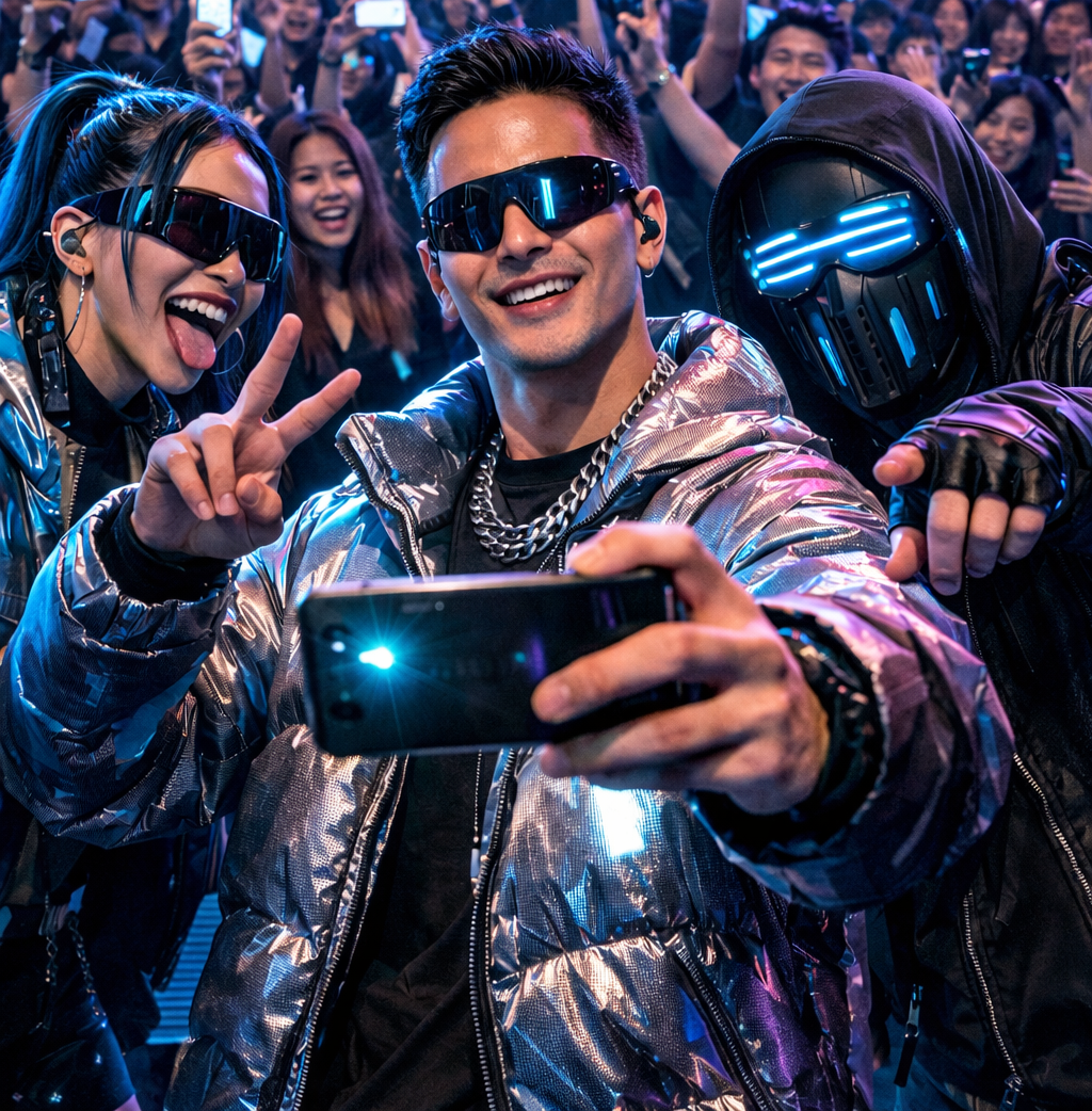 Futuristic concert selfie with fans