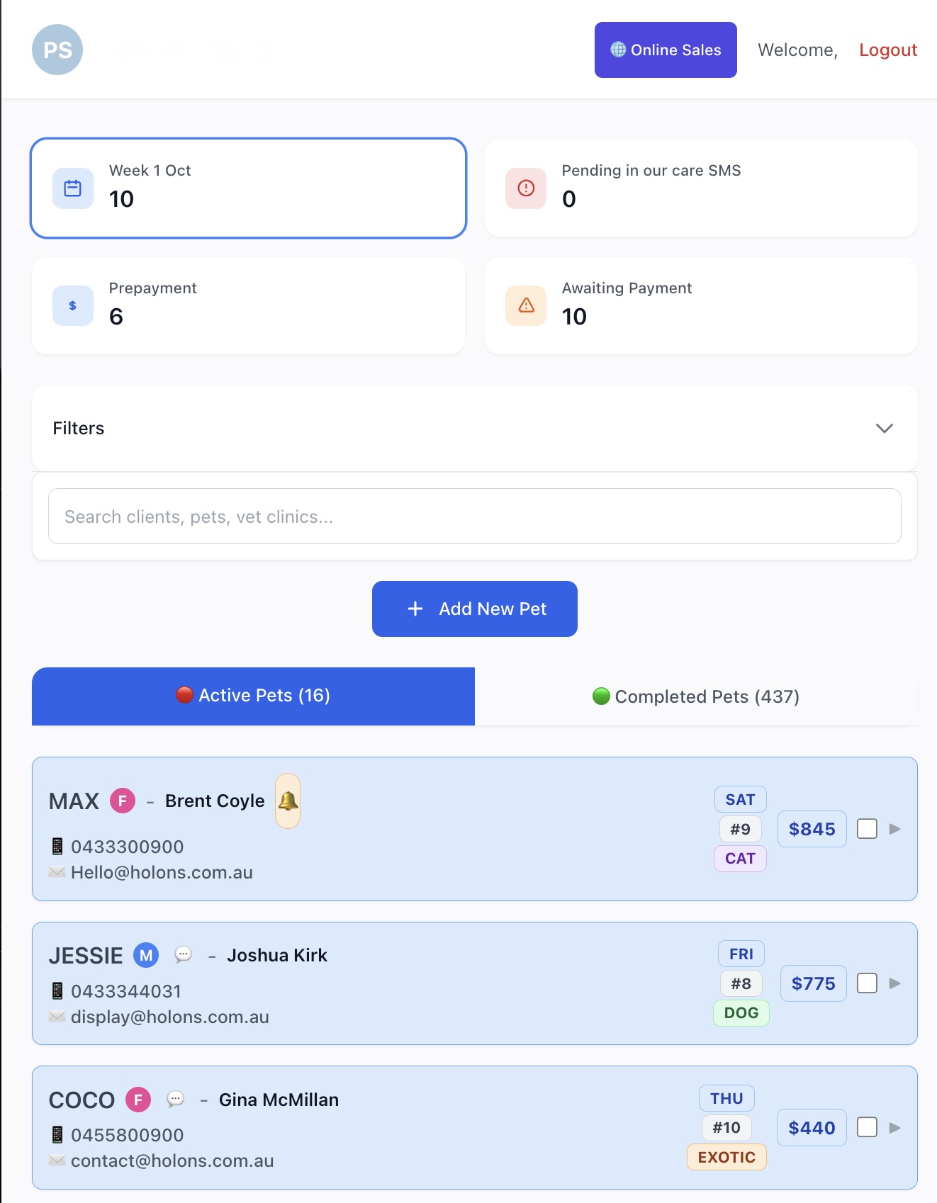 Pet Dashboard Overview