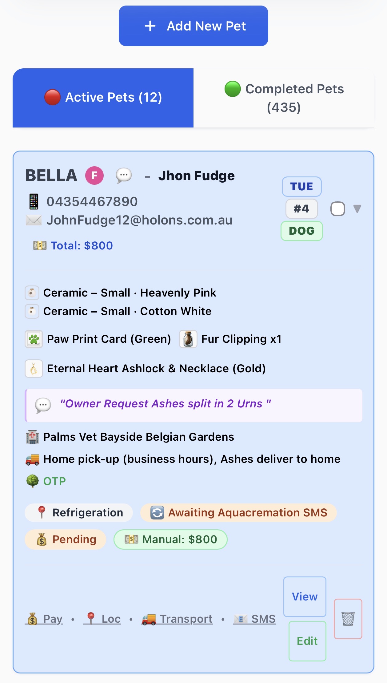 Personalised Pet & Client Profiles - Real Holons Interface