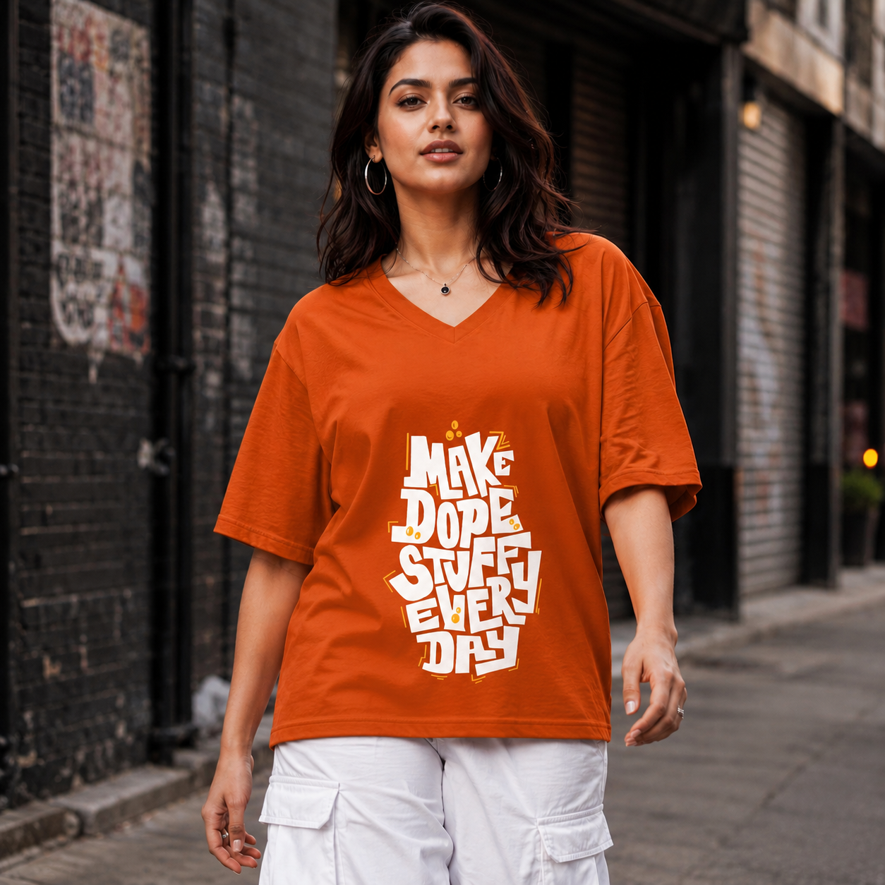 Model wearing XYZ+ orange oversized tee