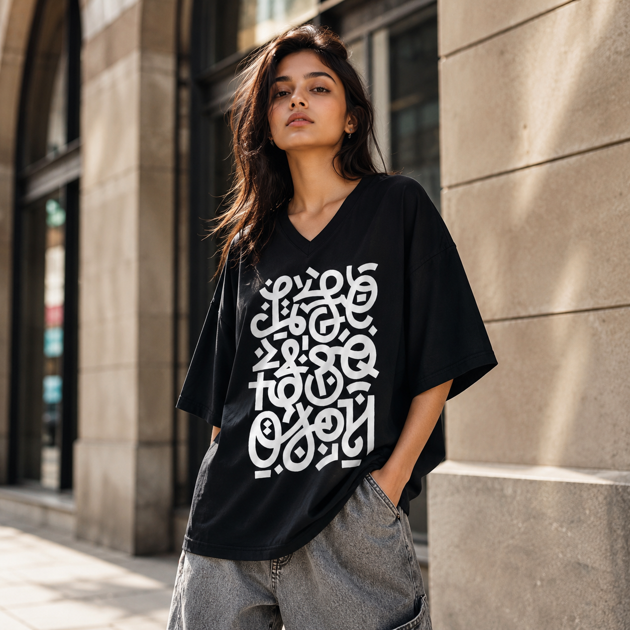 Model wearing XYZ+ oversized tee