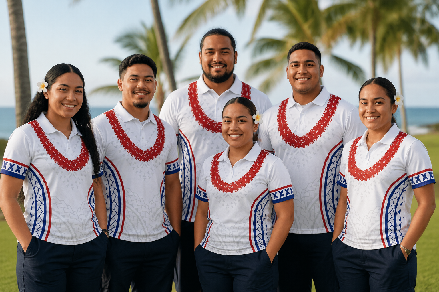 Samoan Church Uniforms — custom Pacific Heritage Polo Shirts with red lei and tatau patterns, group photo Auckland NZ