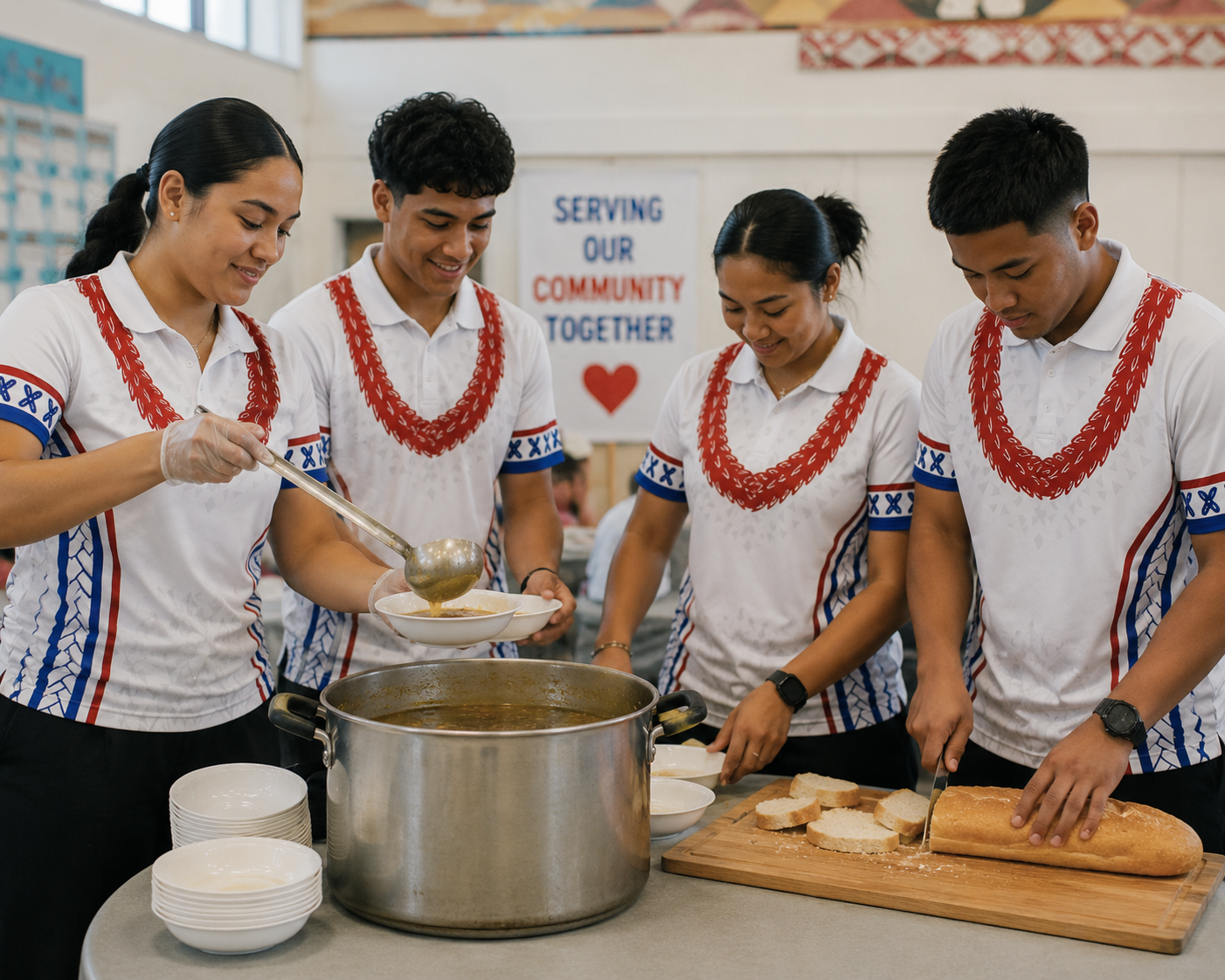 Pacific Youth Ministry Uniforms — youth volunteers in custom Pasifika polo shirts serving community, Church Conference Polo Shirts NZ