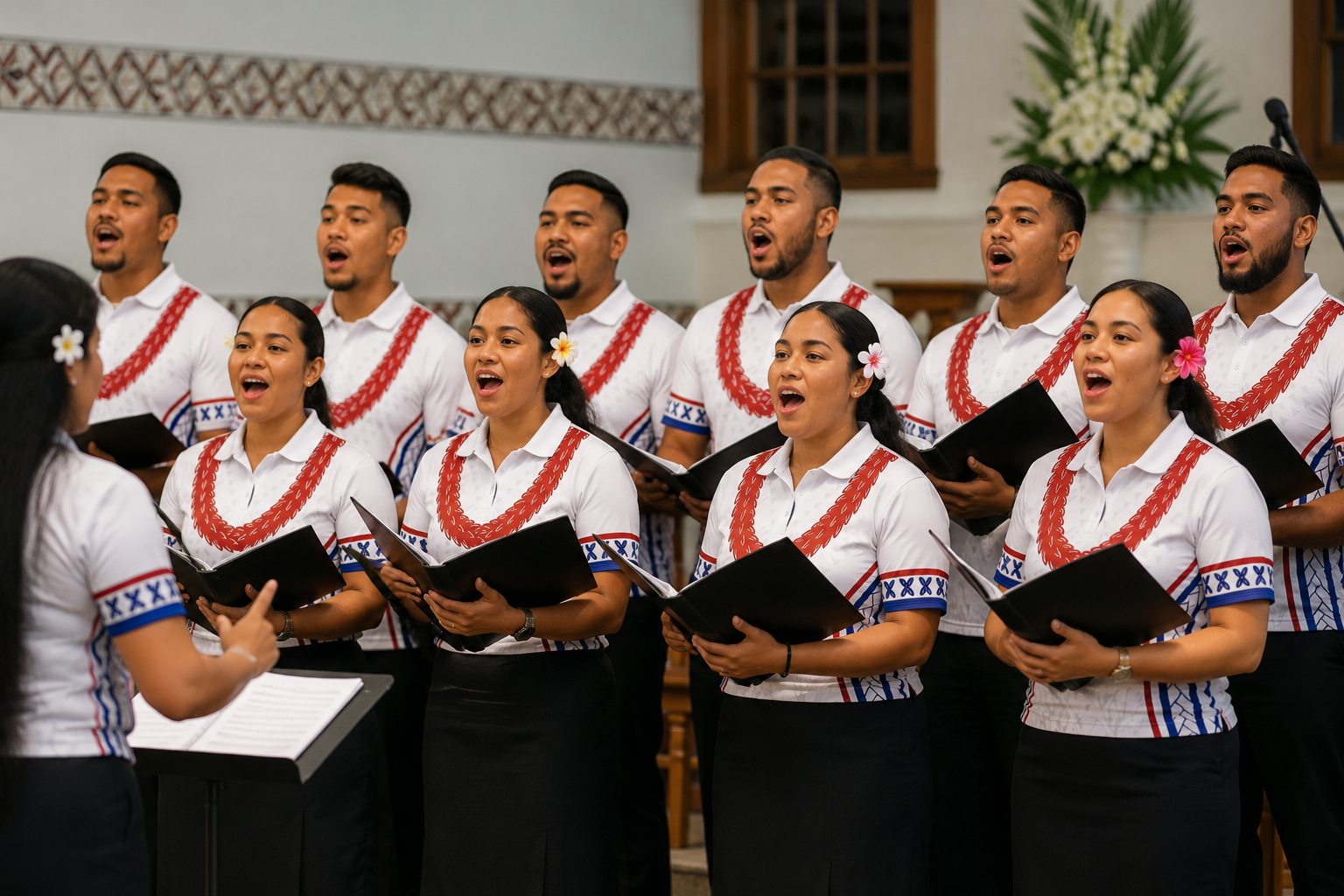 Samoan Church Choir Uniforms — choir singing in matching custom Pacific Heritage Polo Shirts, Church Unity Collection NZ
