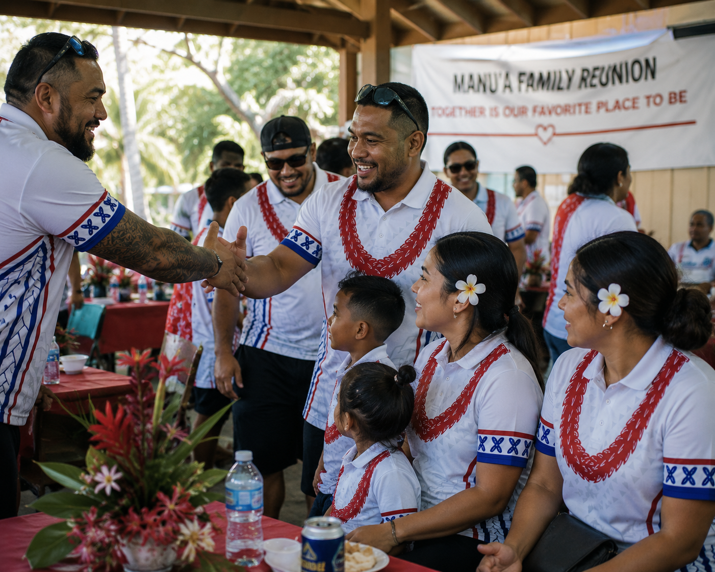 Samoan Family Reunion Polo Shirts — Manu'a family reunion in matching custom Pacific Heritage Uniforms NZ