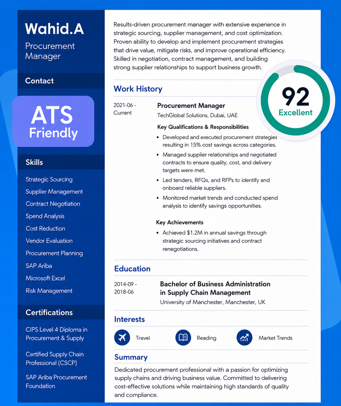 Sample UAE CV with a 92/100 ATS score