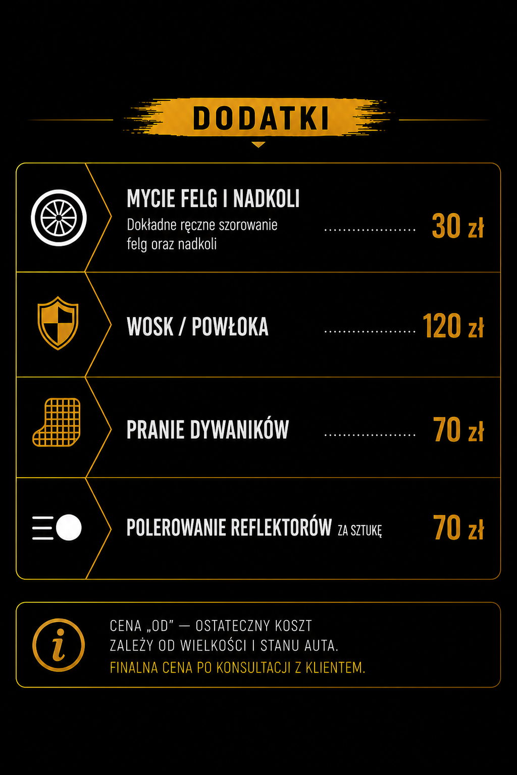 Dodatki — cennik Car Detailing Człuchów