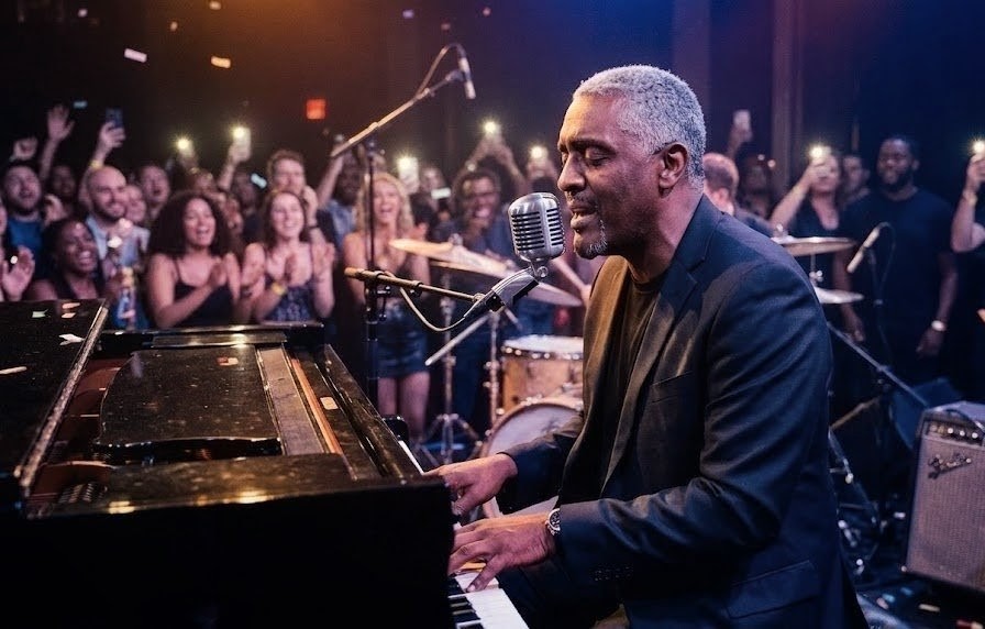 Brooksgordon at the piano with vintage microphone, crowd lit by phone lights