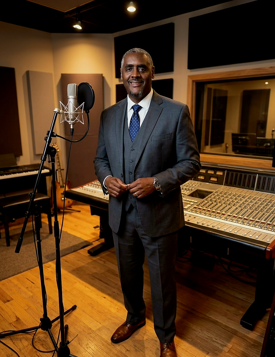 Brooksgordon in a grey three-piece suit standing in a professional recording studio with a condenser mic and mixing console