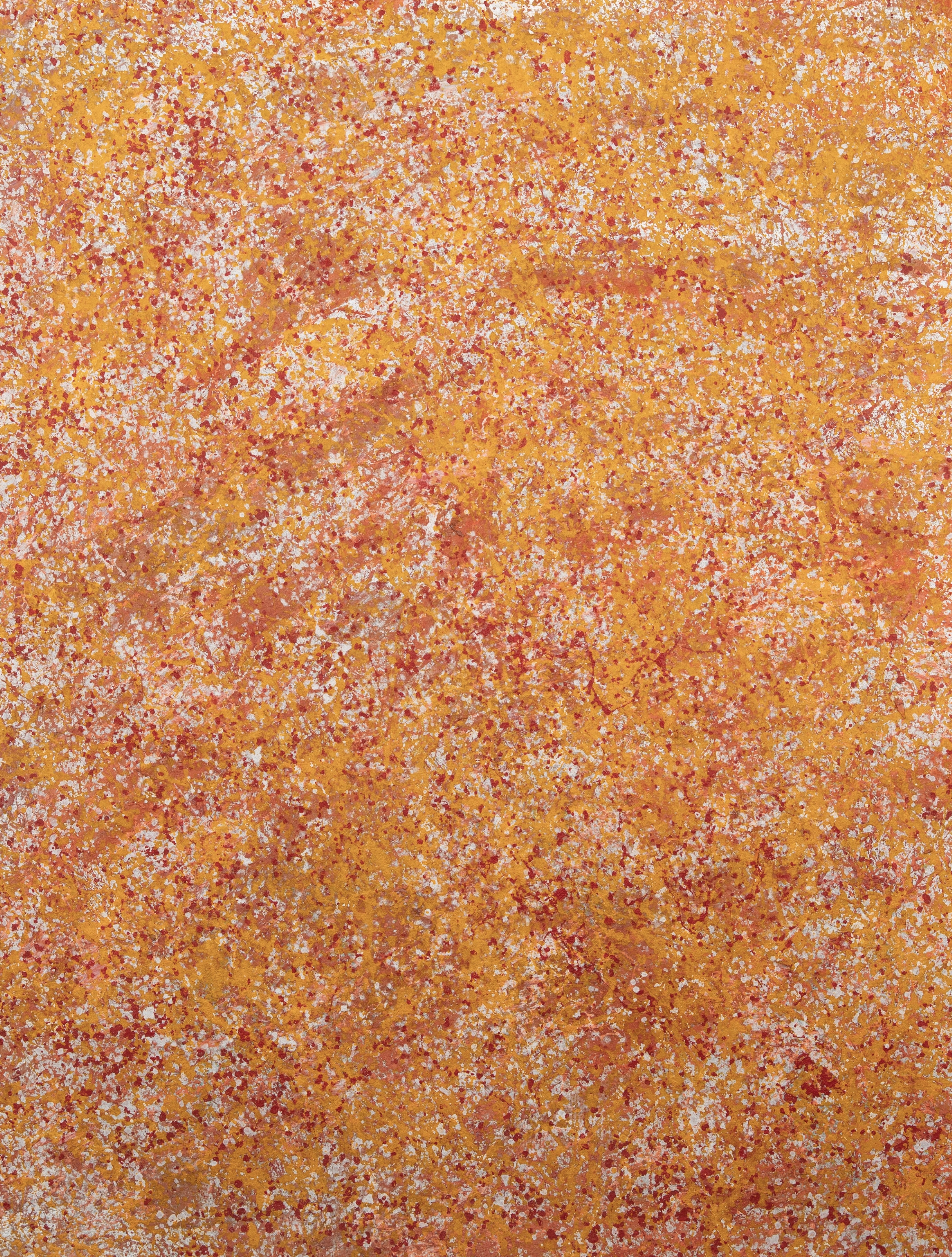 Untitled — 2026 / 05 — saturated orange and yellow field flecked with white and red spatter.