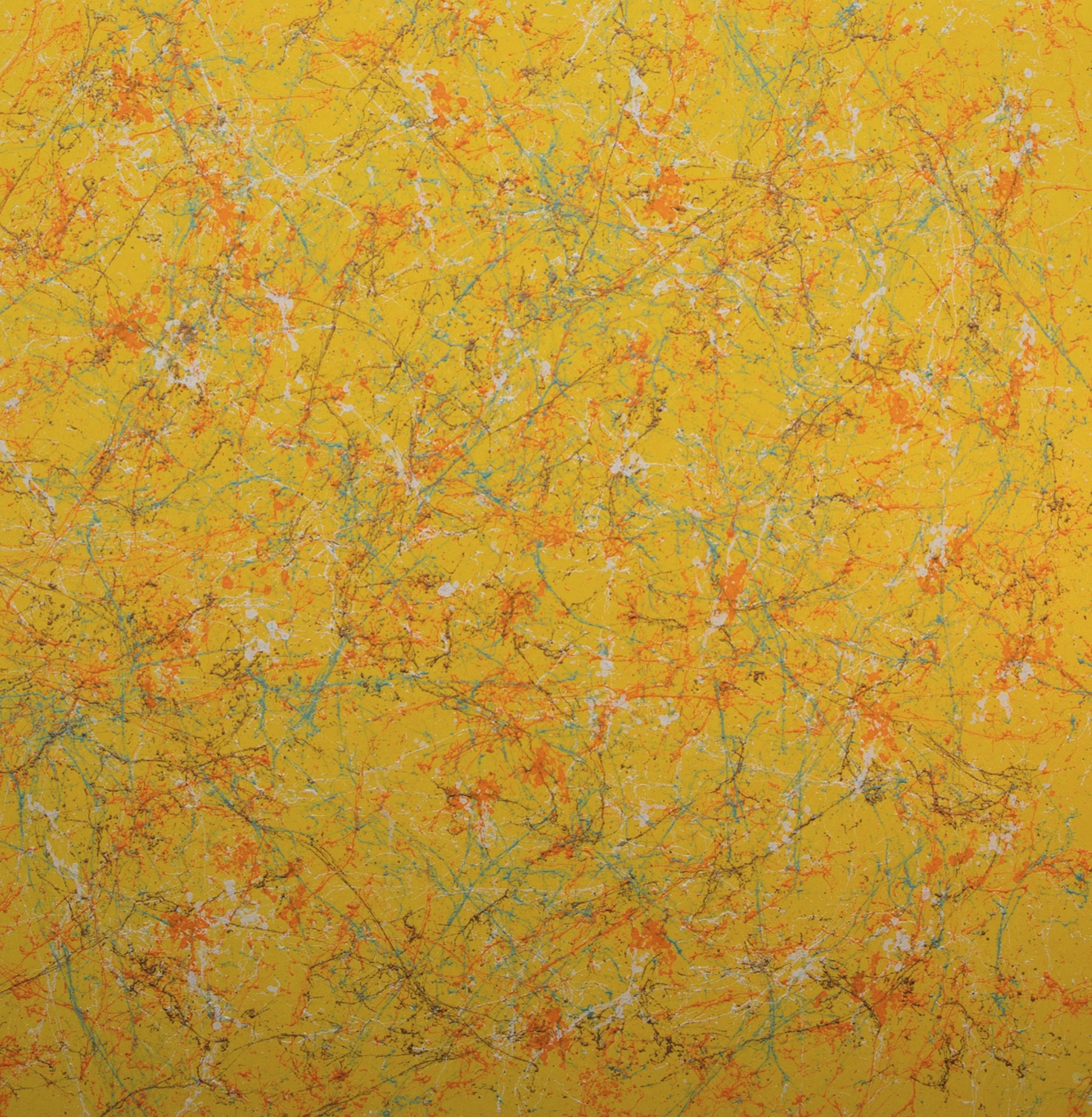 When The Light Stayed, 2025 — orange, teal and white drip-lines woven across a saffron ground that refuses to dim.