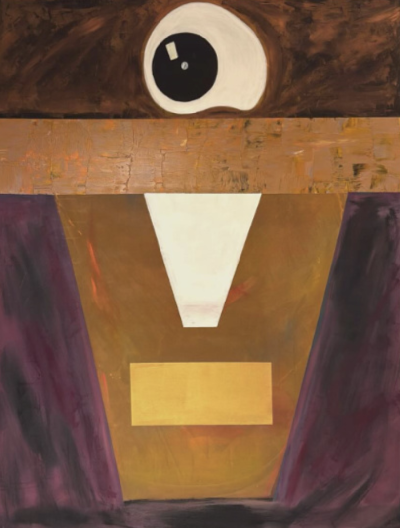 Eye of Enlightenment, 2024 — a tilted white-and-black eye over a horizon of ochre, a luminous triangle and gold bar centred against violet curtains.