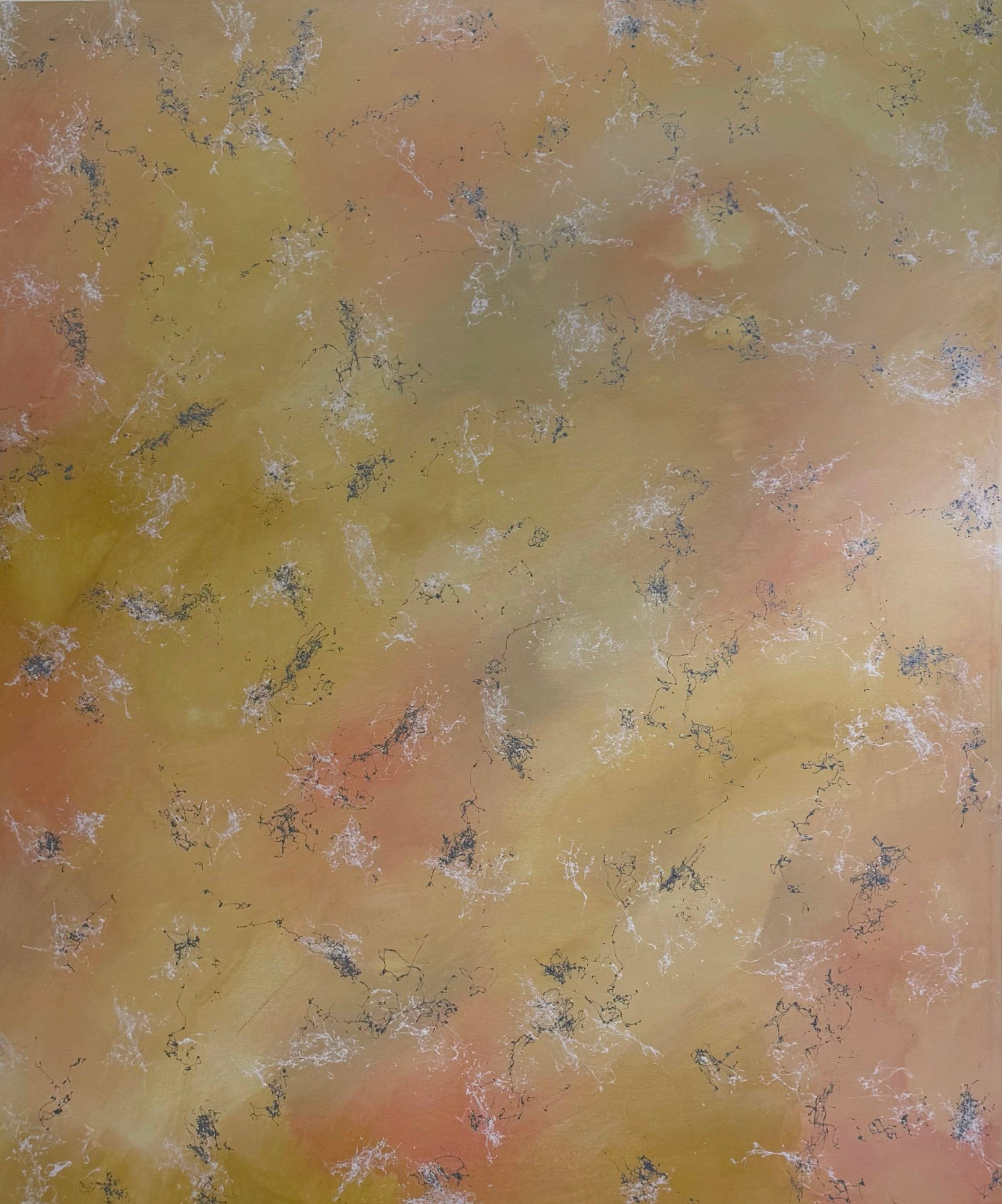 Rang-e-Ruh (Color of Soul), 2025 — a warm gold and peach field drifting through silver-grey filigree.