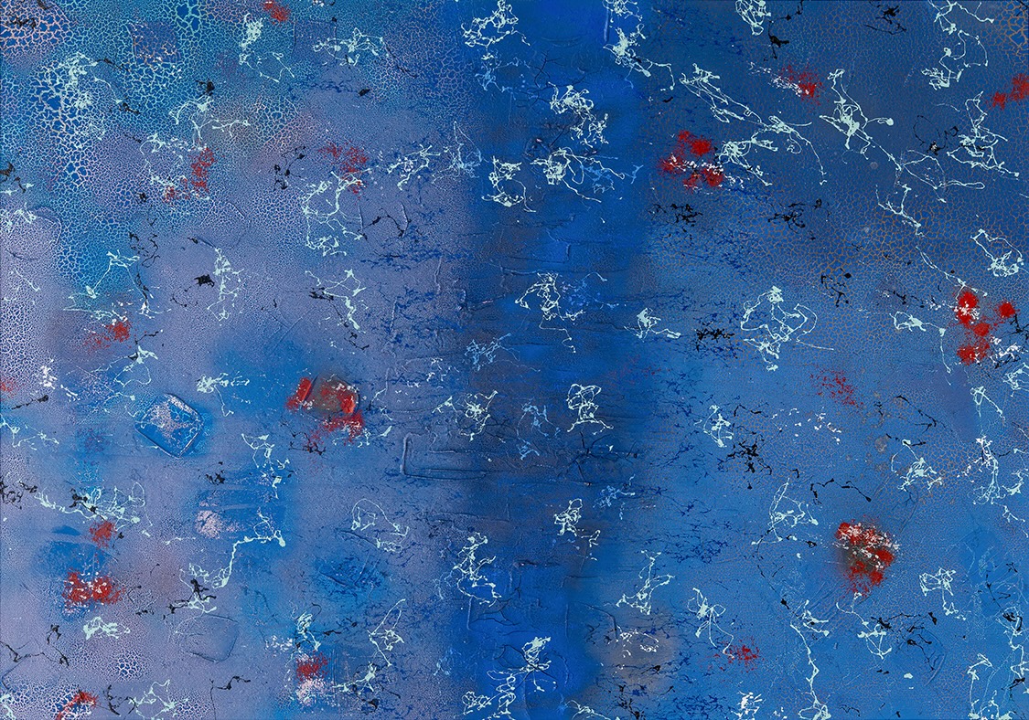 I've Stopped Hiding, 2025 — pale-white drips and crimson flecks scattered across a deep cobalt ground.