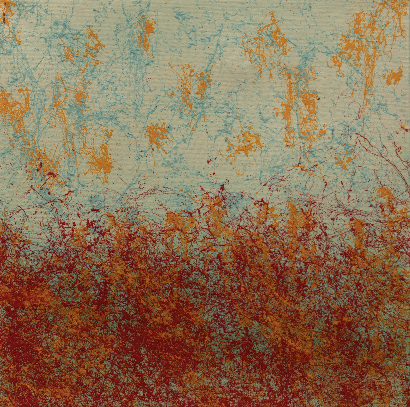 Primordial Awakening, 2025 — red capillaries climbing from a burning ground into a cream sky touched with teal.