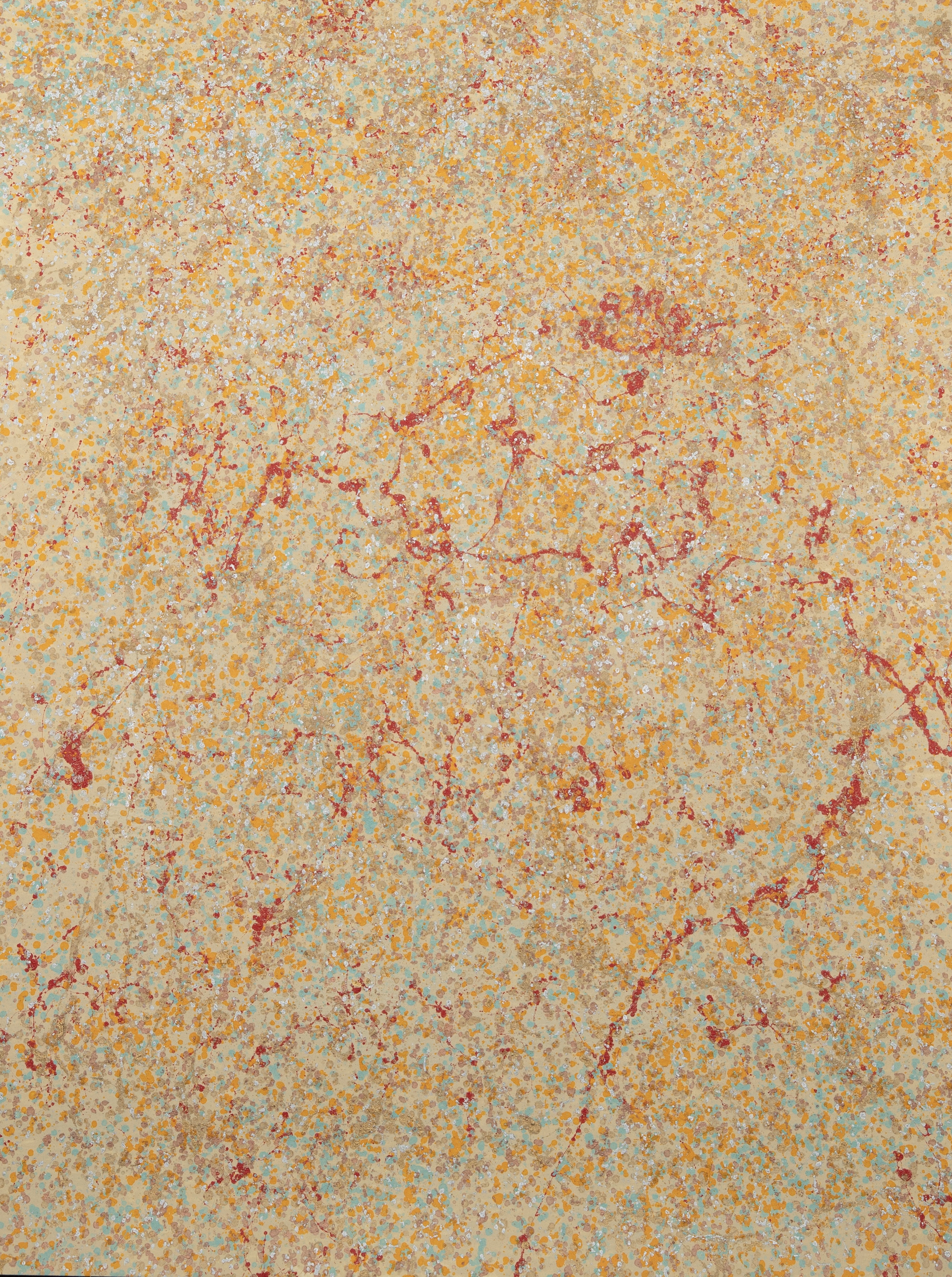 Untitled — 2026 / 04 — sand ground laced with red veins, orange and teal speckle scattered across the surface.
