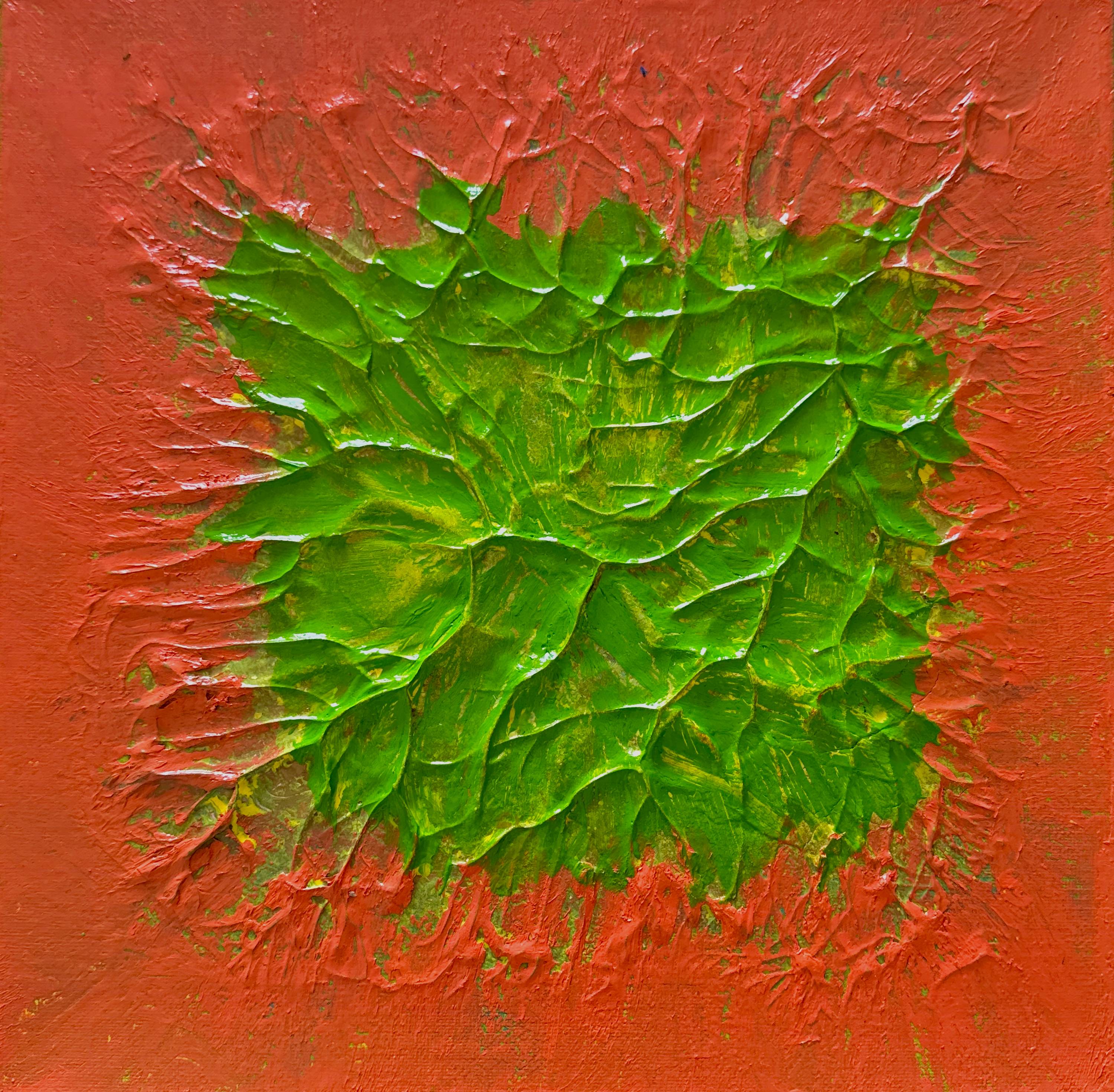 Roots of Rebirth, 2025 — a sharp green impasto bloom held at the centre of a vermilion ground.