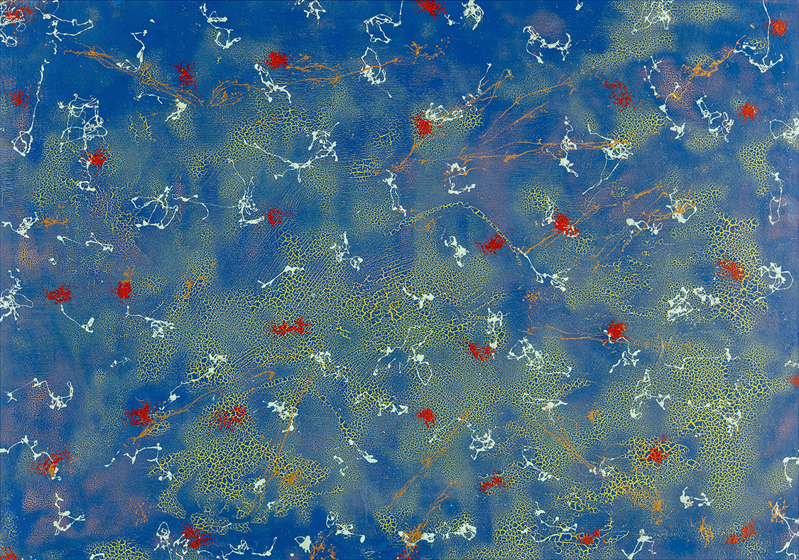 I'm In Here Somewhere, 2025 — a self-portrait by distribution: red pulse points, cracking gold, holding cobalt.