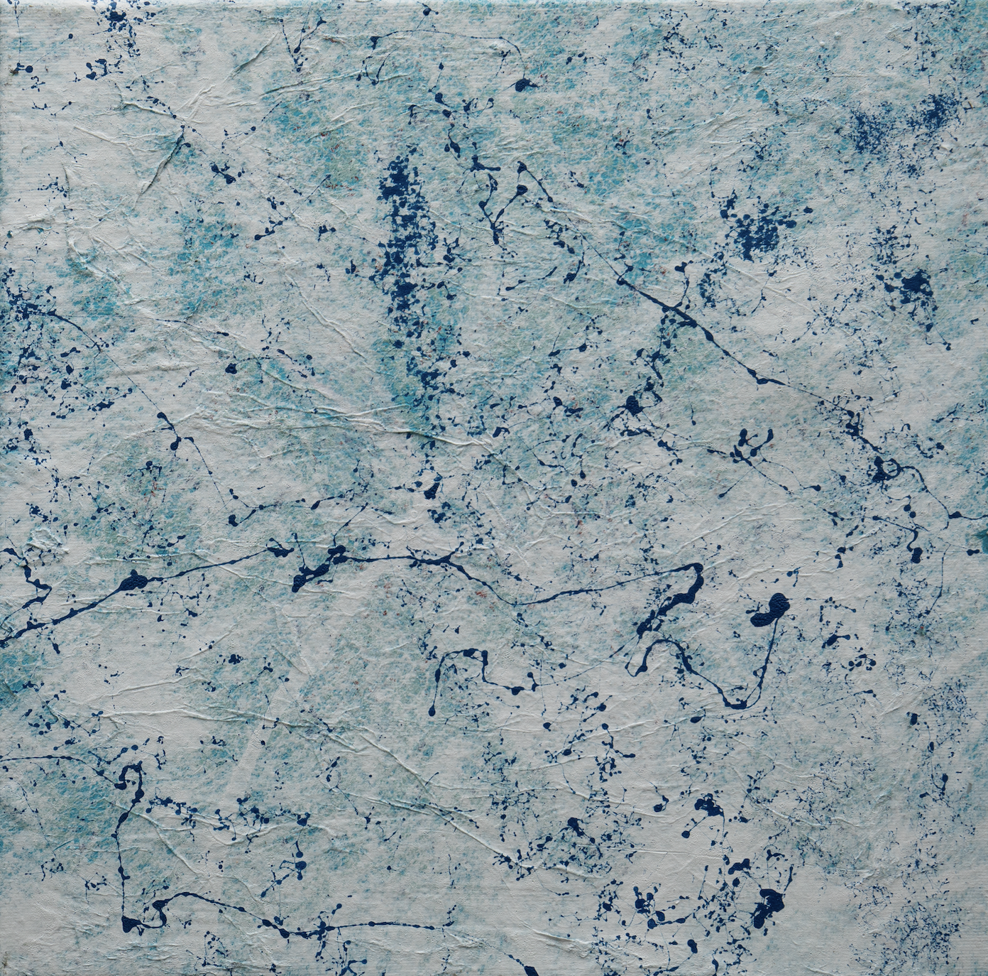 The Icy Mirror Within, 2025 — fine cobalt and pale-blue drips scattered across a creased, near-white ground.