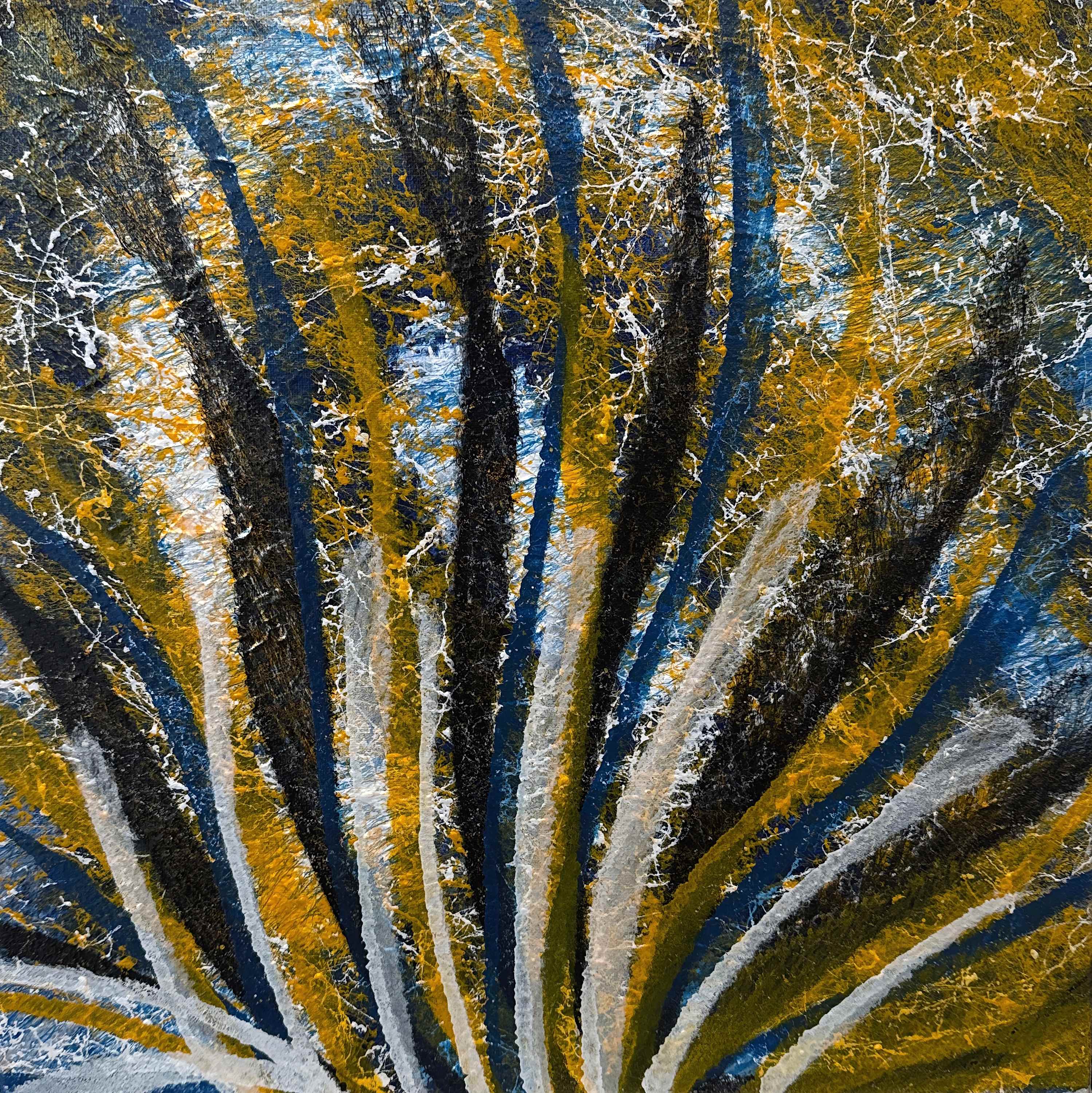 Tapni, 2025 — black, yellow and white striations fanning upward against a deep blue ground; the fire itself.