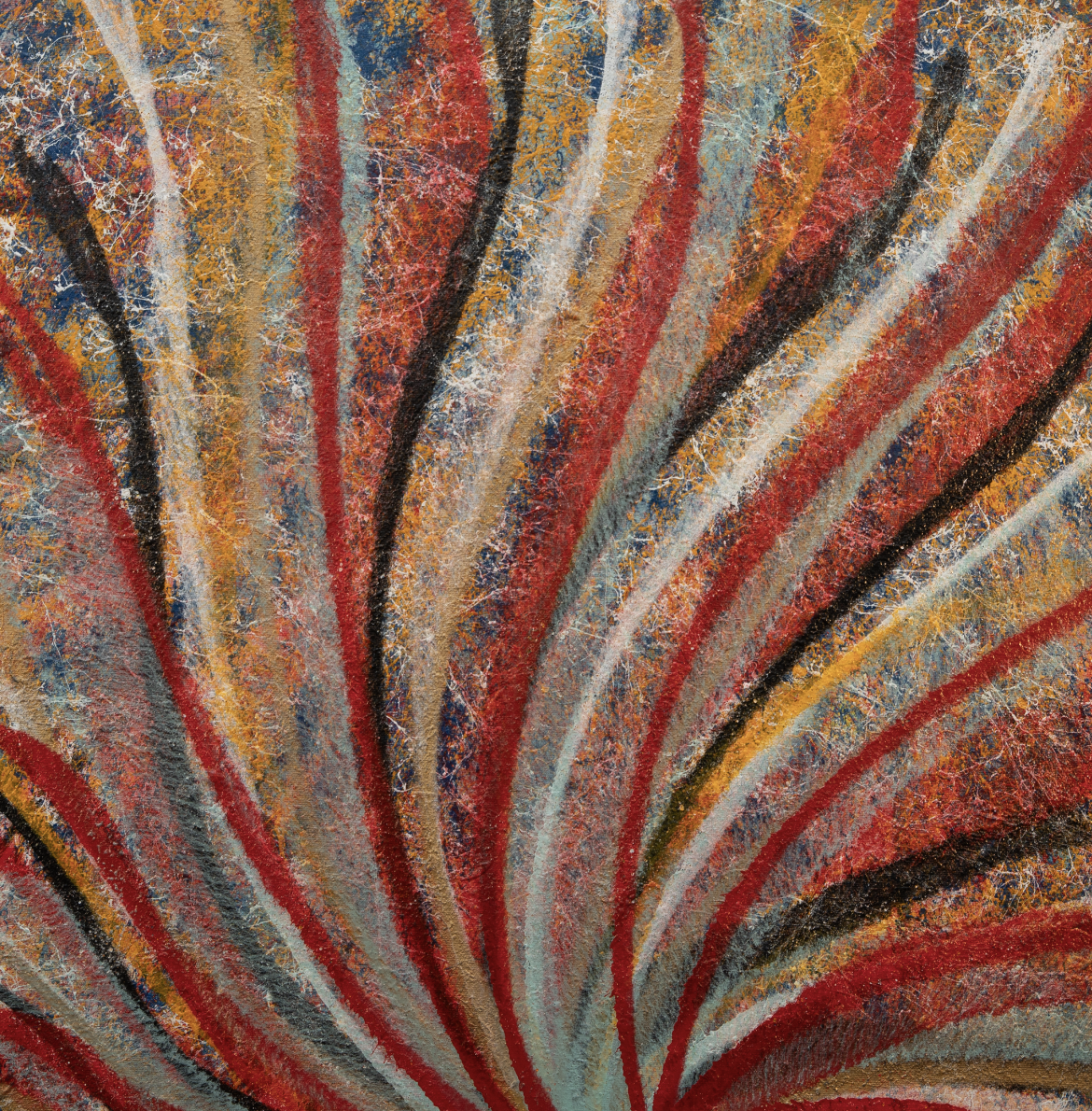 Eruption of Essence, 2025 — red, yellow, blue and white striations fanning outward across a fibrous surface; what was held in, breaking out.