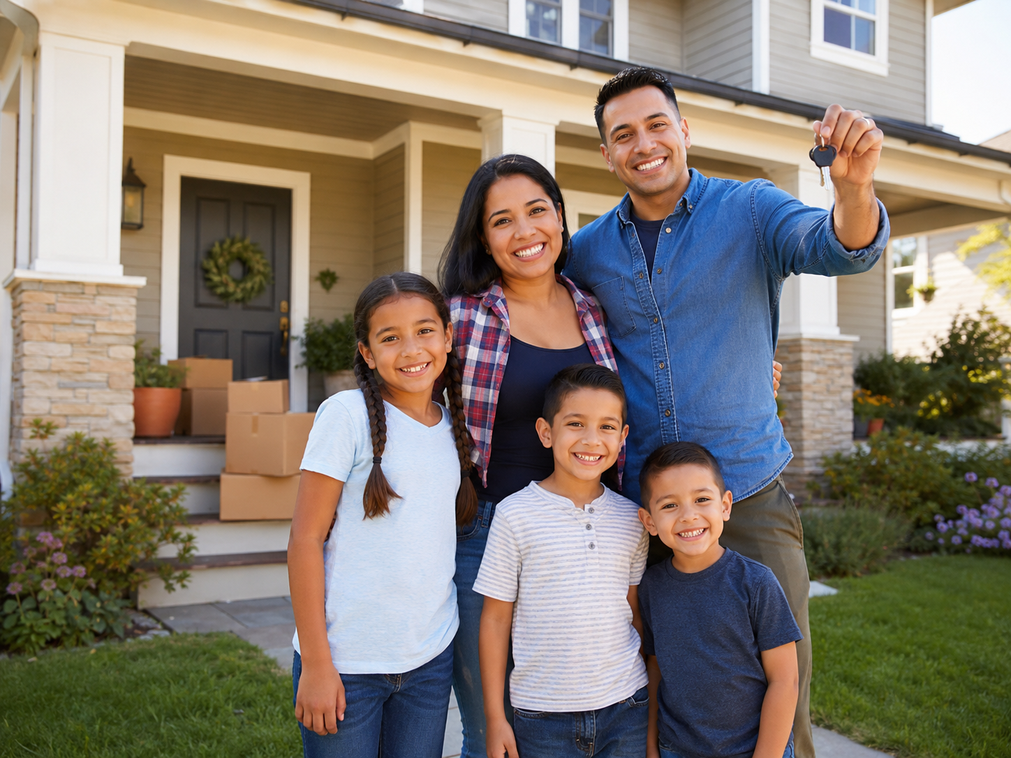 Happy family holding the keys to their new home