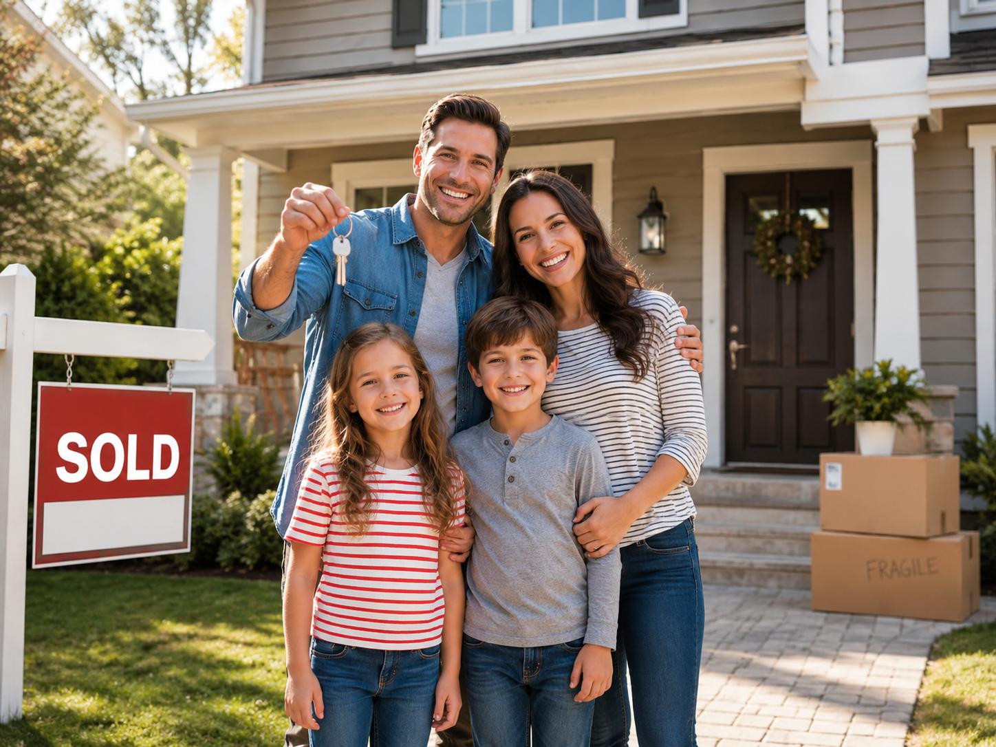 Happy family holding the keys to their new home