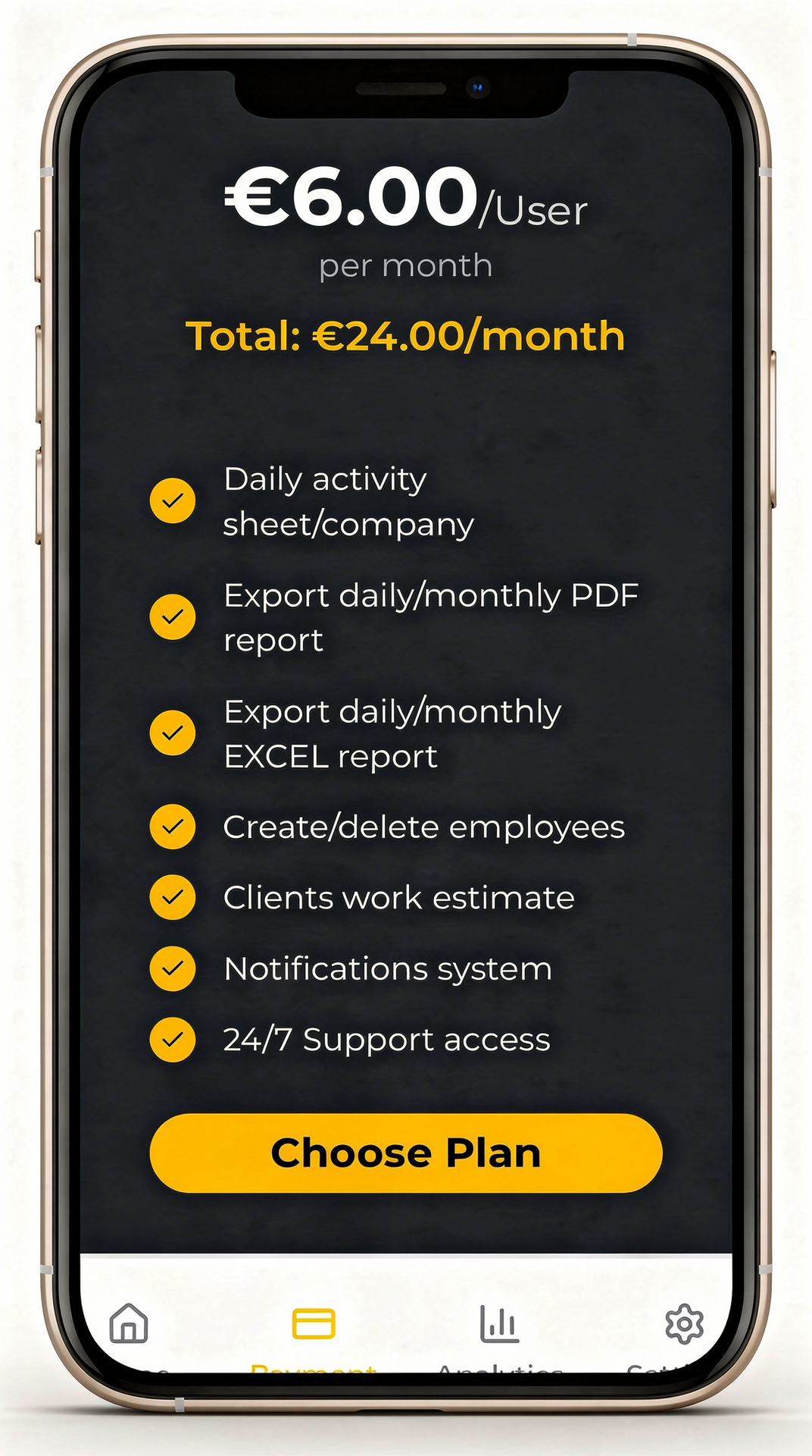 WorkApp Pricing - €6 + VAT/User per month