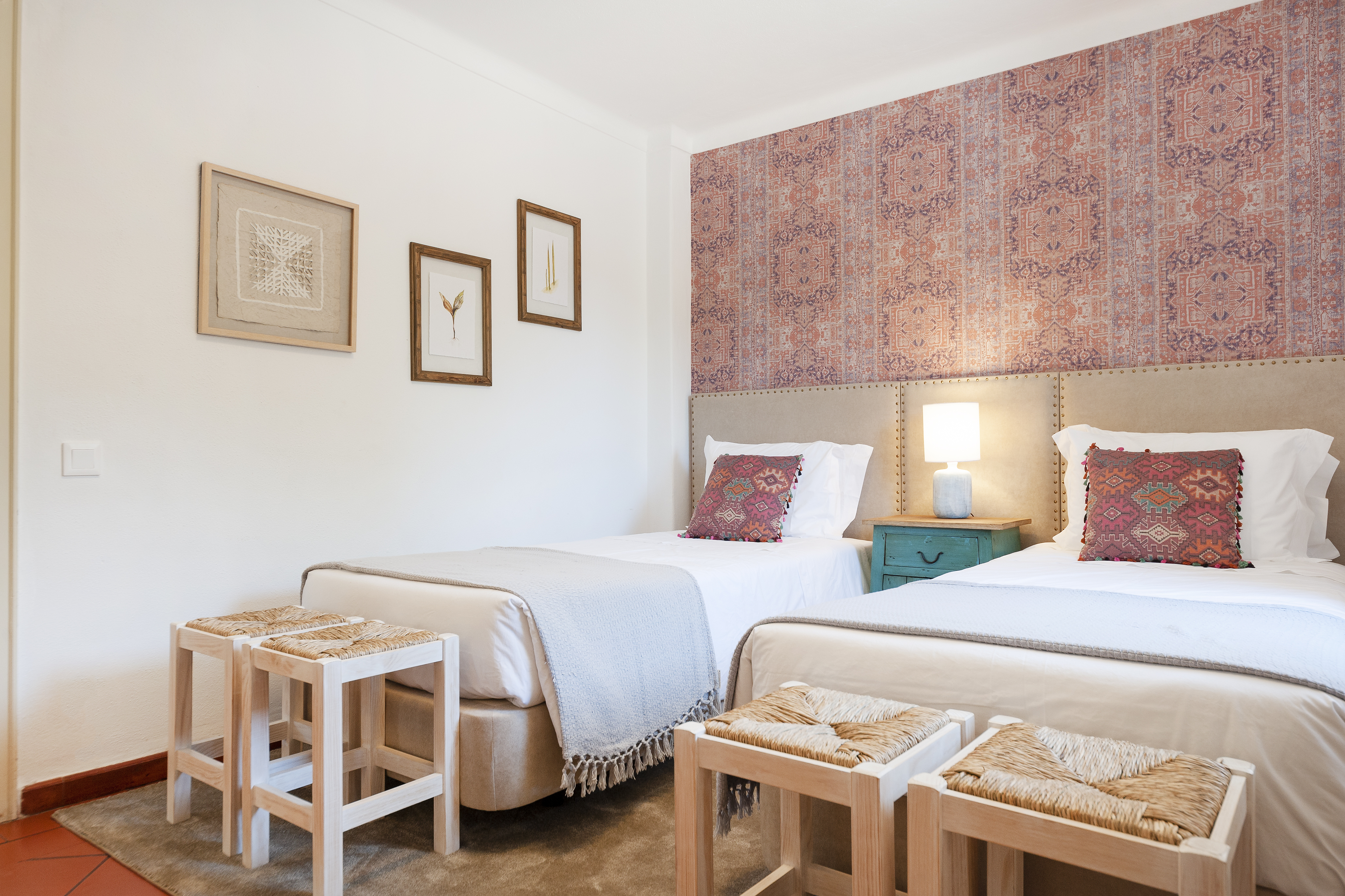 Wood Oven House II twin bedroom with pink wallpaper
