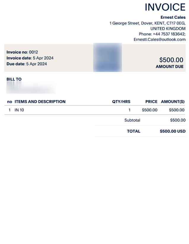 فاتورة عمل حر بـ $500 بقيمة $500