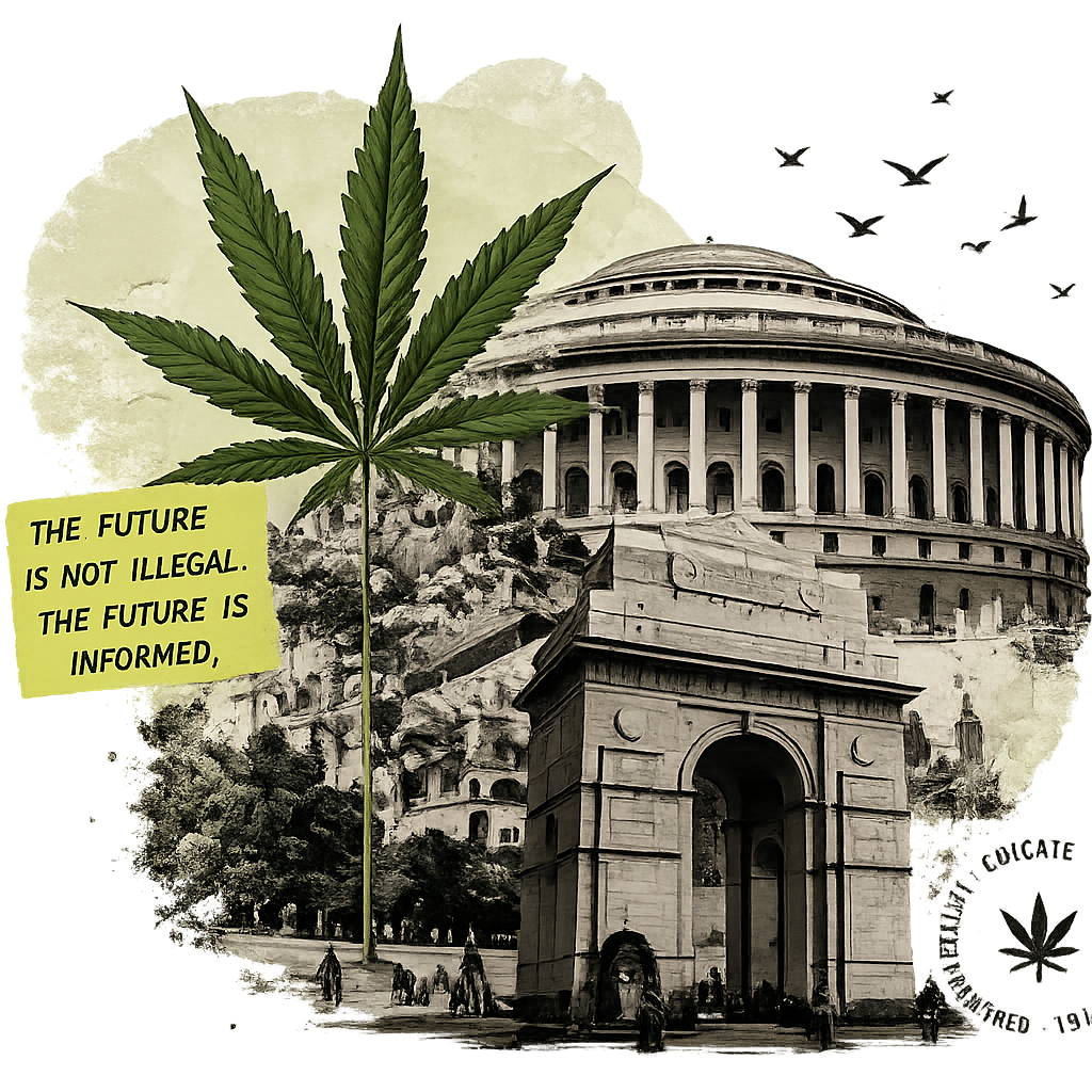 The Dankville — India cannabis movement collage: cannabis leaf, Rashtrapati Bhavan, India Gate, and a highlighted note reading 'The future is not illegal. The future is informed.'