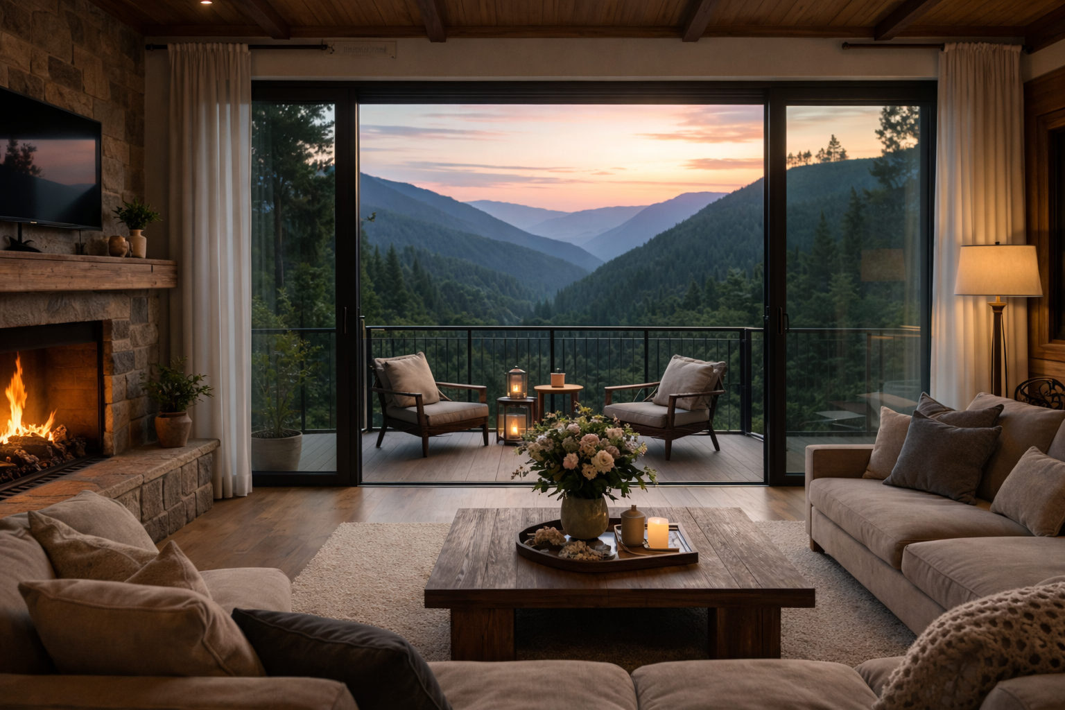 Living room with sunset valley view at Pine Ridge