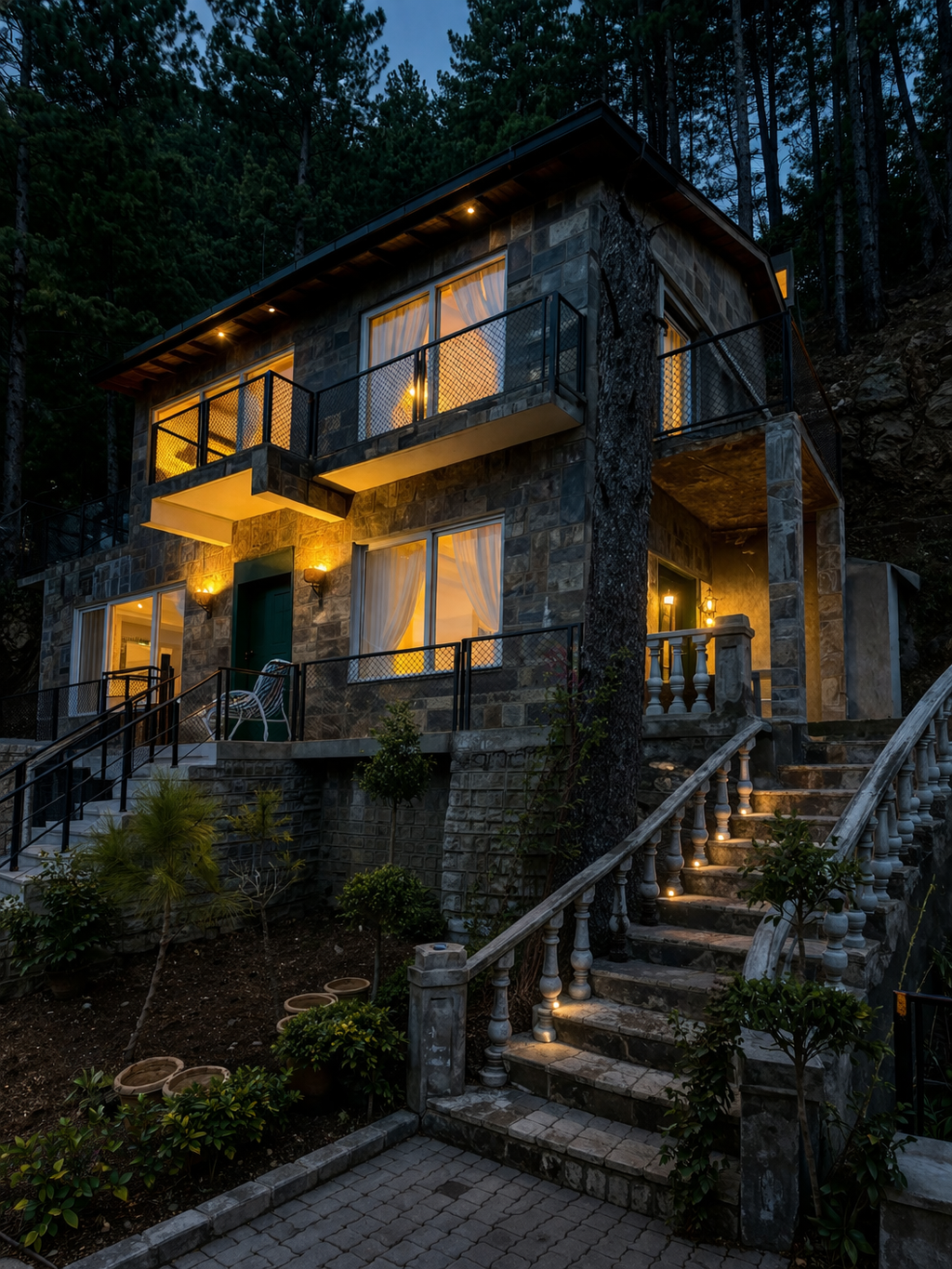 Pine Ridge residence at twilight with warm lights