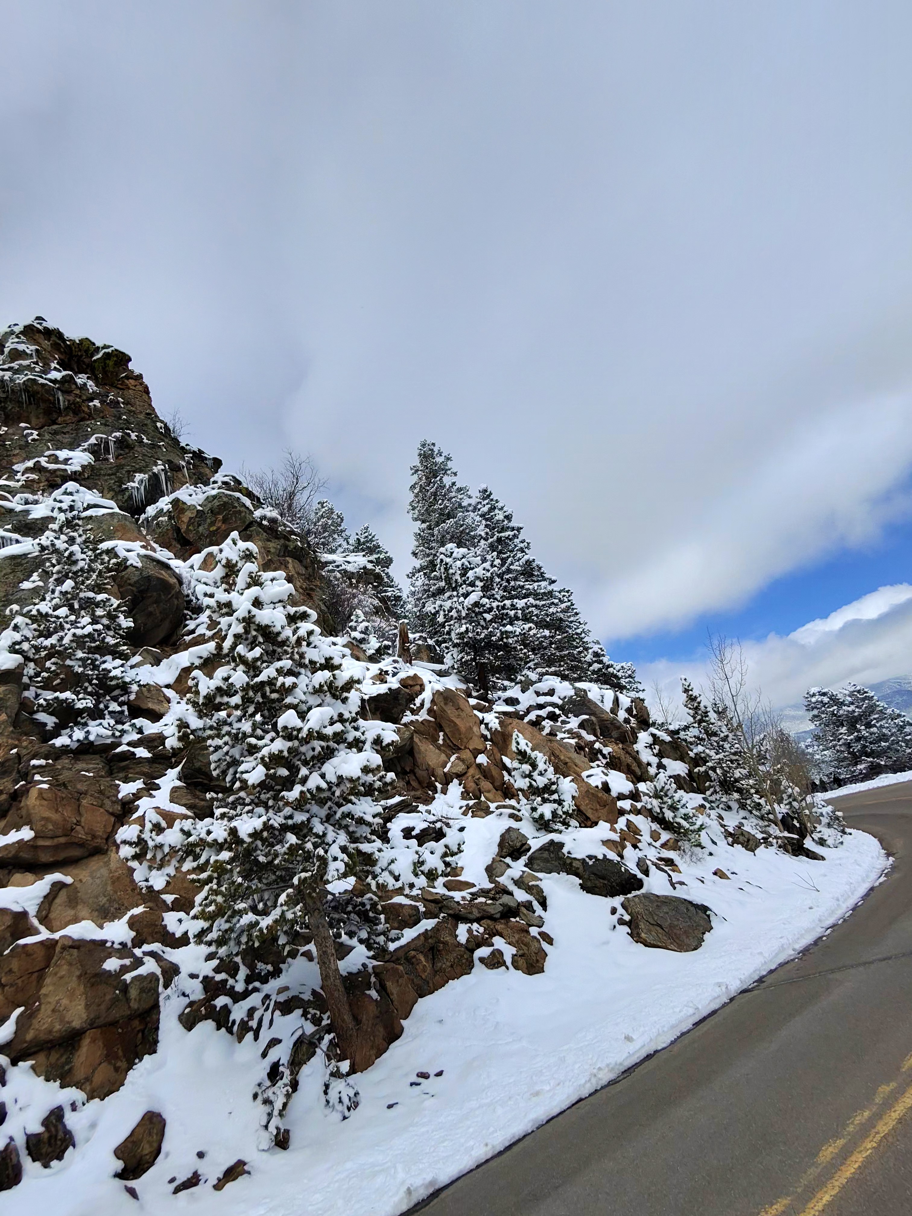 Mountain road to Pine Ridge in winter — rocky terrain with snow