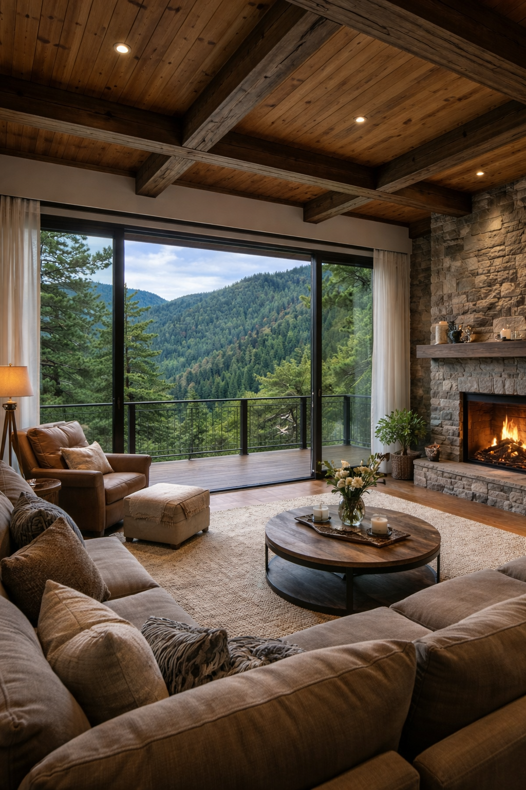 Living room with fireplace and mountain view at Pine Ridge