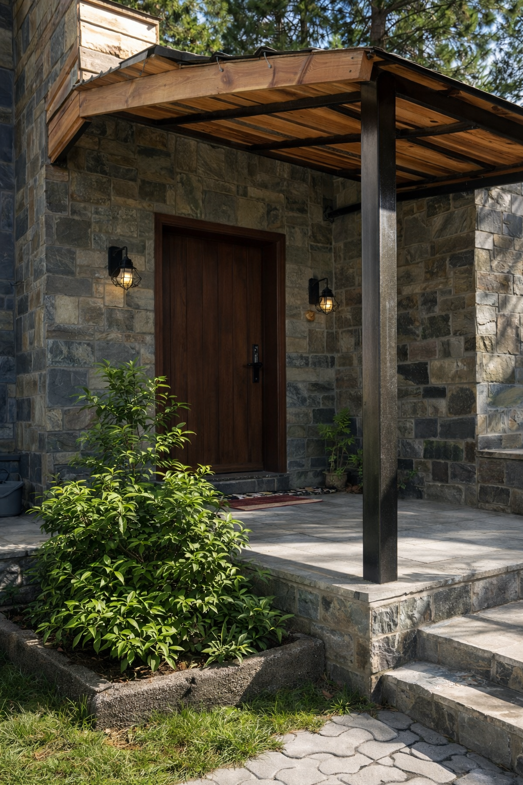 Stone entrance with timber pergola at Pine Ridge