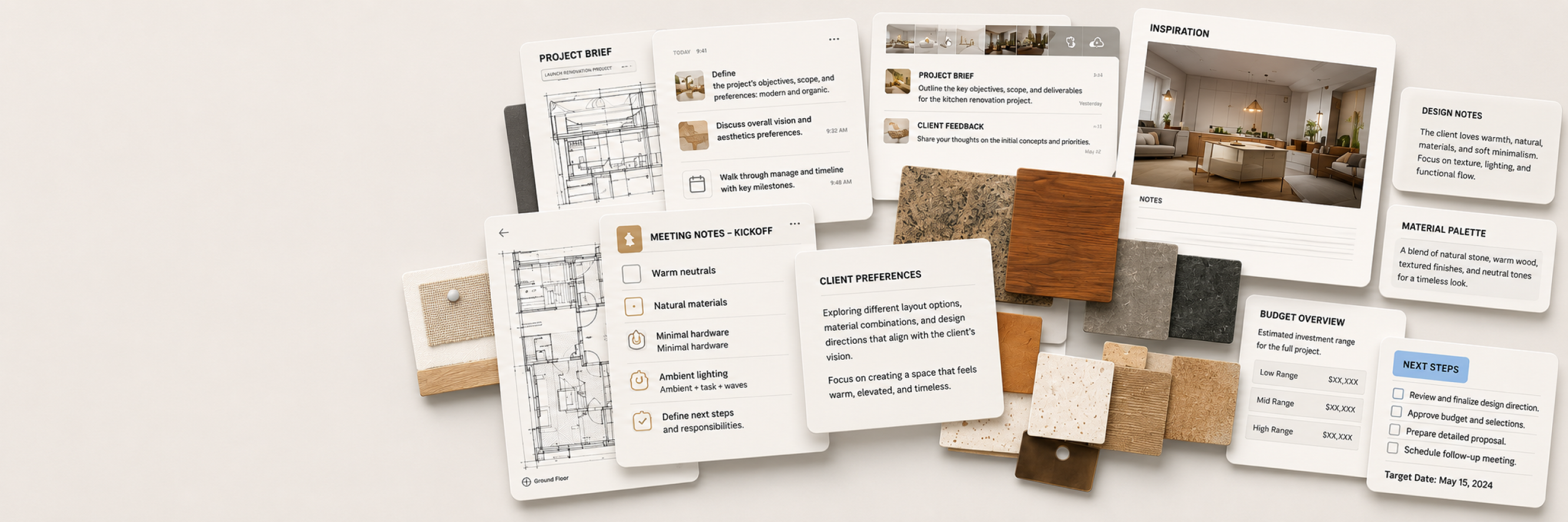 Project approvals, decisions, notes and material samples scattered everywhere