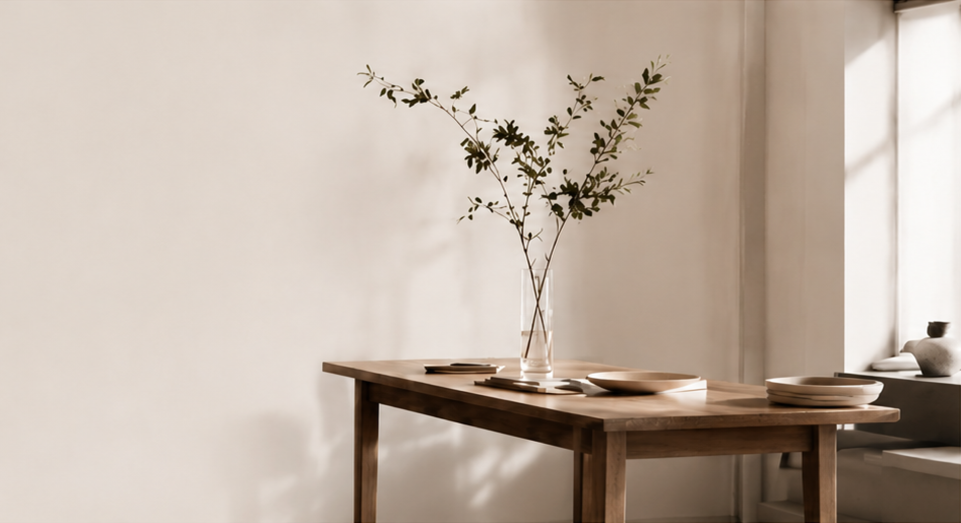 A calm, minimal table with a single vase in soft daylight