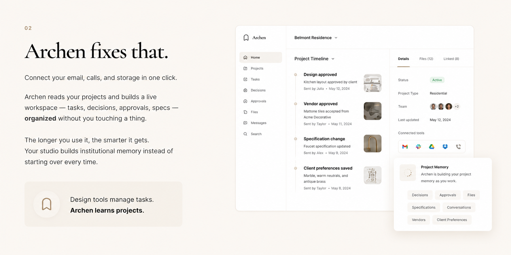 Archen project workspace with timeline, details and connected tools