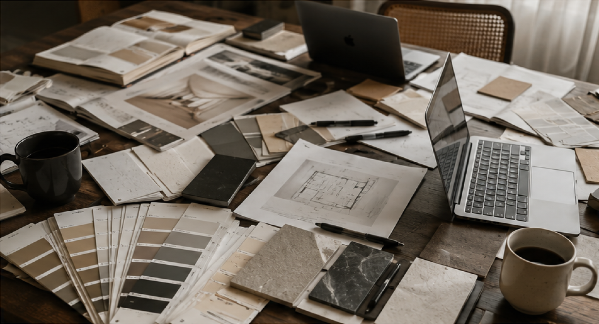 A cluttered desk of scattered papers, samples and notes