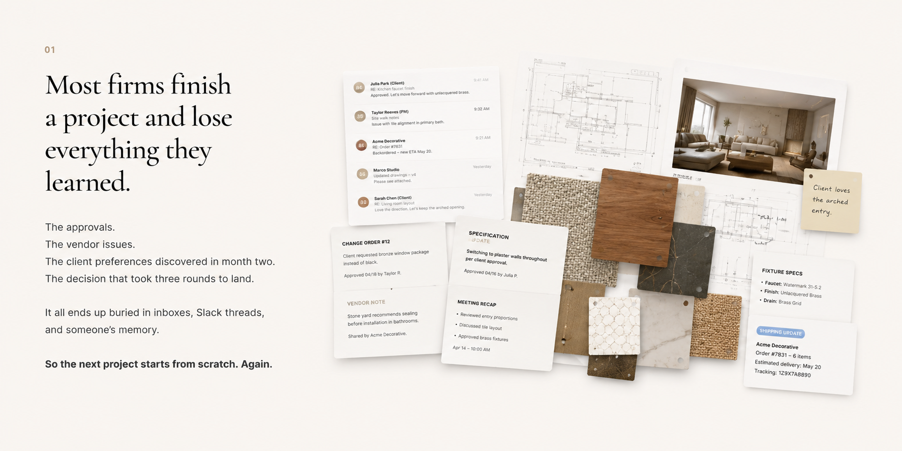Scattered project emails, drawings, specs and material samples